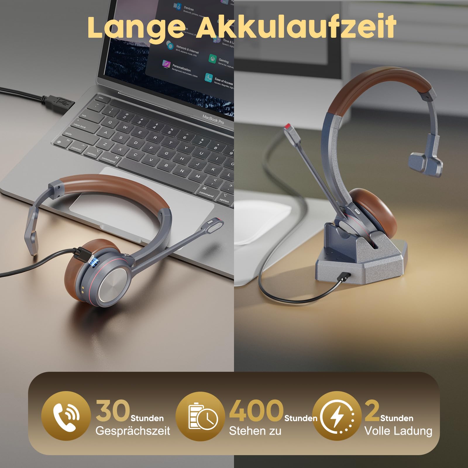 Cuffie Bluetooth con microfono, cuffie mono wireless con microfono AI Noise Cancelling, stazione di ricarica, dongle USB, 40+ ore di batteria, cuffie wireless on-ear per ufficio, casa, call