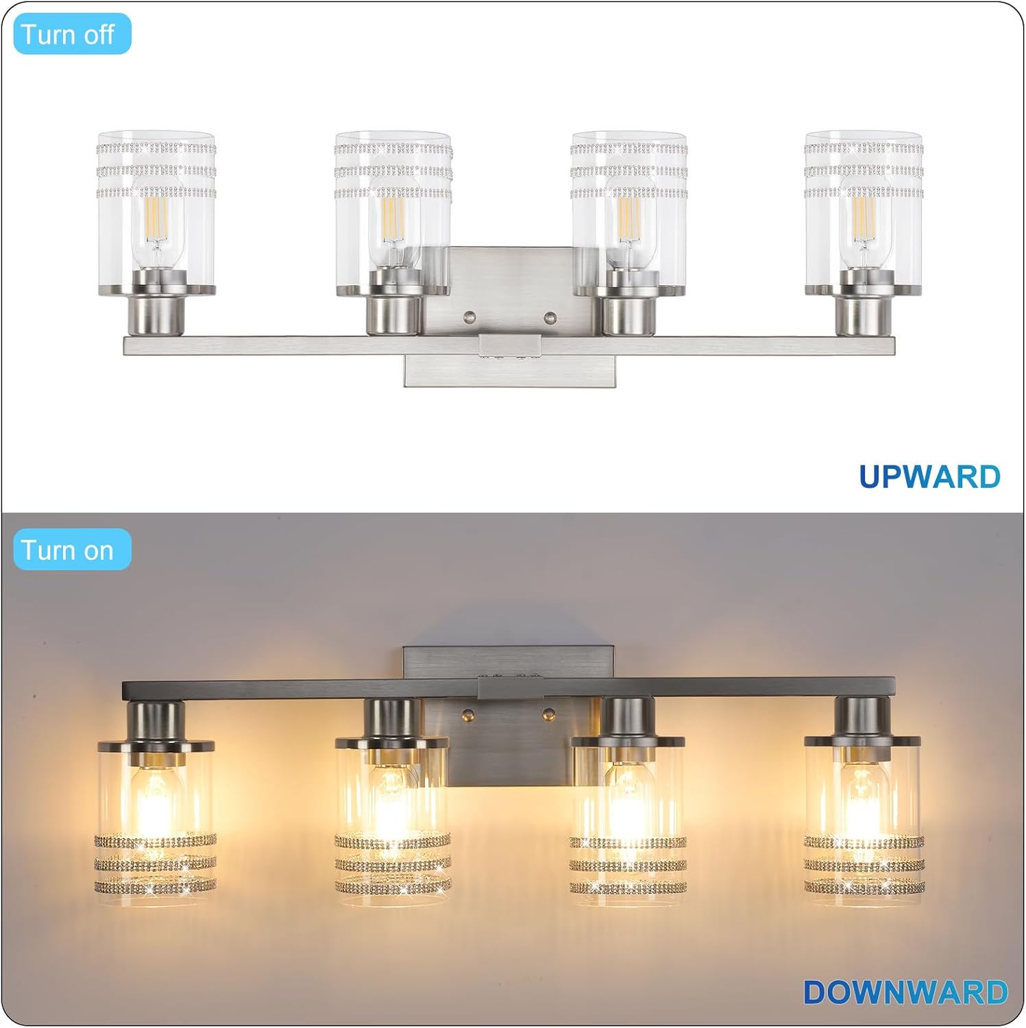 YYT Brushed Nicekl Bathroom Light Fixtures 4 Light Bathroom Vanity Light Brushed Nicekl Vanity Lights for Bathroom with Clear Glass Shade