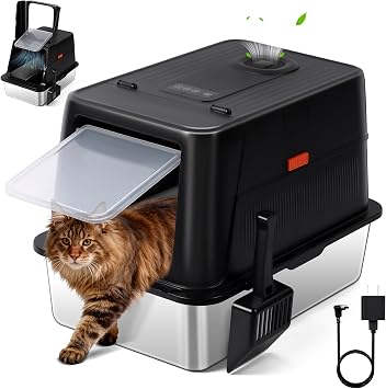 Smart Odor Control Stainless Steel Cat Litter Box, 135 Flip-Top XXL Metal Litter Box with Lid & Scoop, Enclosed High Sided Litter Pan for Big Cats, Non-Sticky, Easy to Clean Black