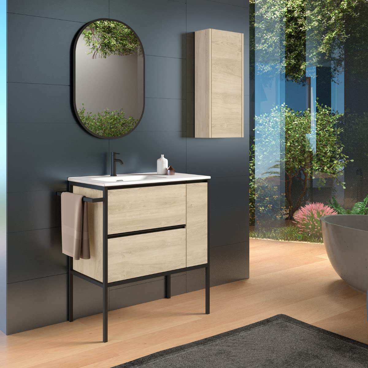 Joker Mueble Auxiliar de Baño Suspendido 1 Puerta con Cierre Amortiguado| Armario Baño Colgante 80cm de Alto x 34,9cm de Ancho x 17cm | Roble Natural