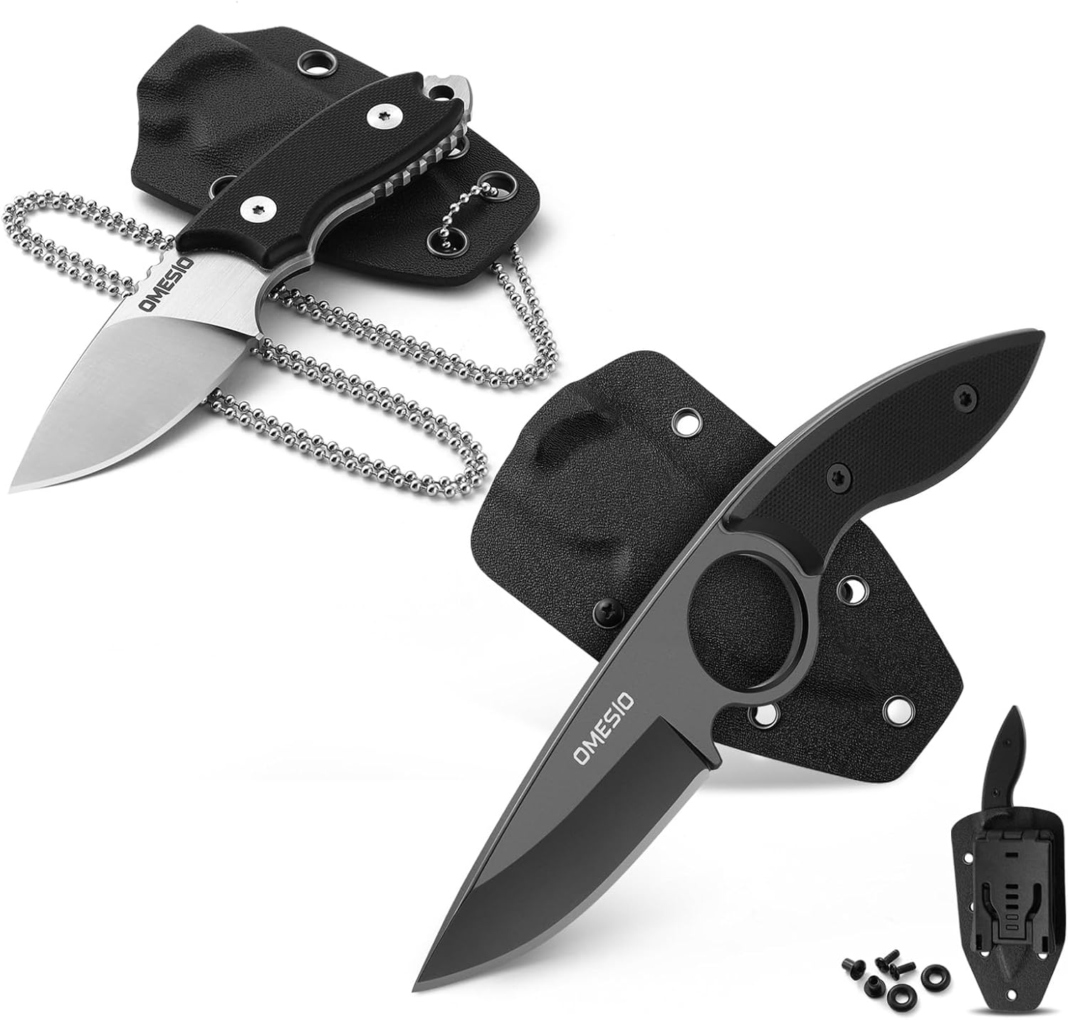 Omesio 2 x Small Fixed Blade Knife, Compact Neck Knife Tactical Hunting Camping Knife with Kydex Sheath, Full Tang Stainless Steel G10 Handle for Outdoor, Survival, Camping, Tactical