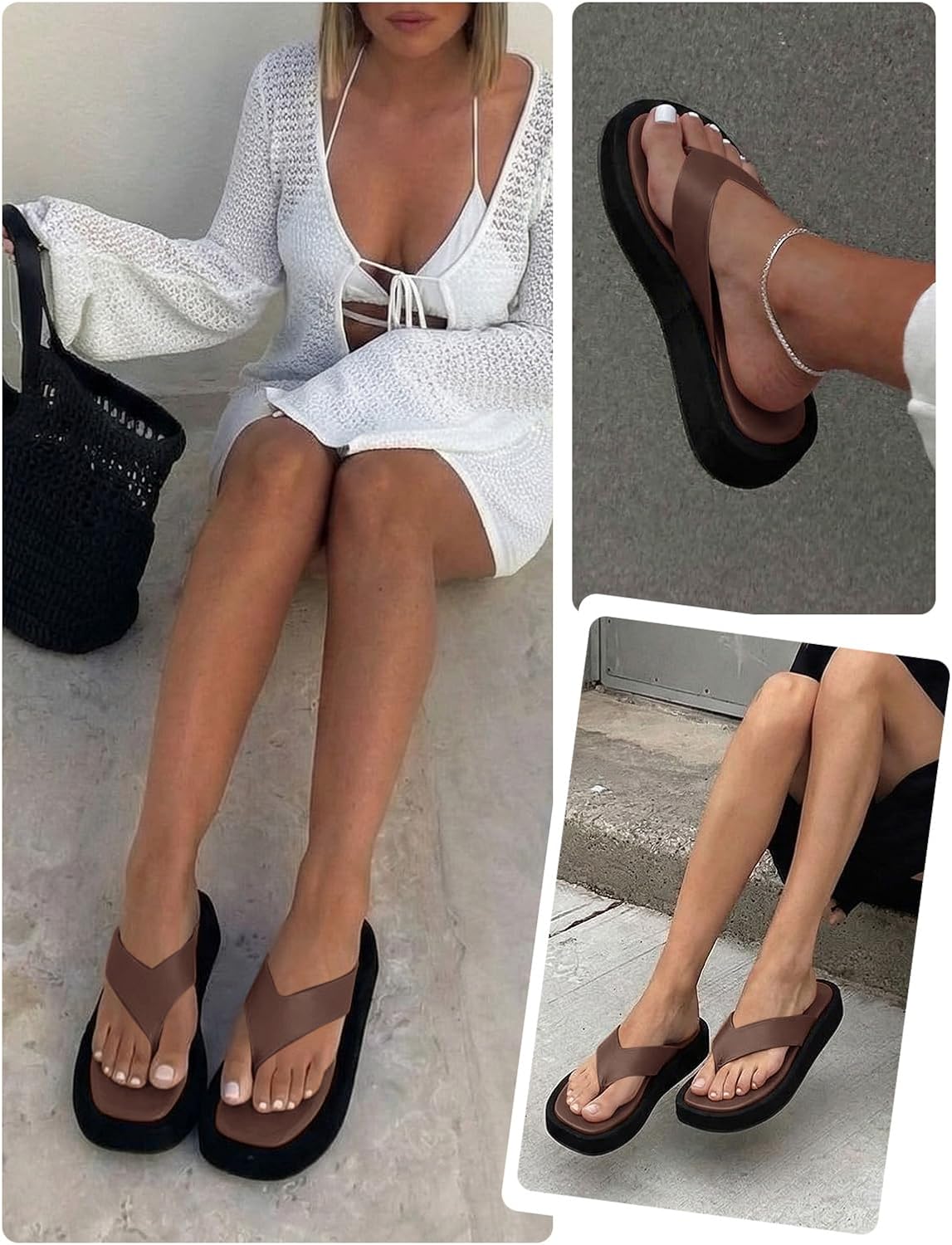 Coutgo Womens Platform Flip Flops Open Toe Slides Flat Sandals Thong Summer Beach Vacation Shoes, Coffee, size 8.5