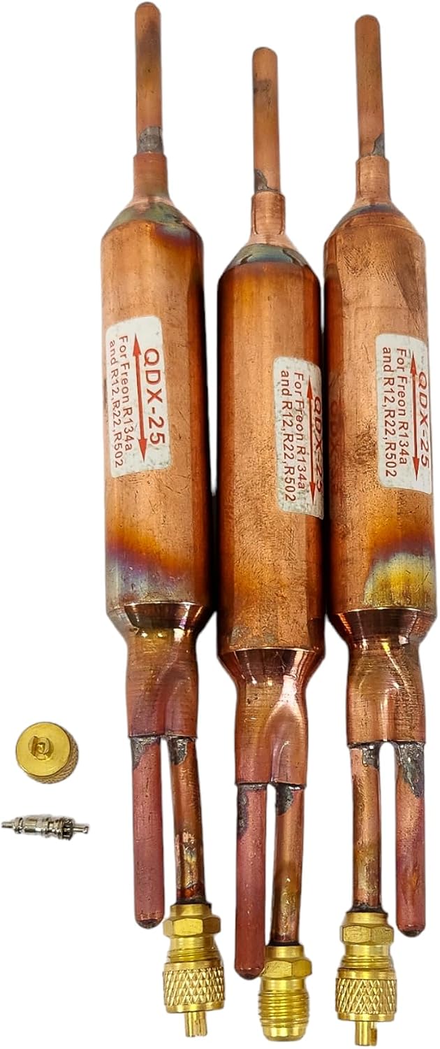 QDX - 25 Copper Filter Drier Refrigerant Liquid Line with Charging Valve 1/4 x 1/4 25 Grams Bi-Directional Design Universal Fit for Refrigerants R134A R502 Easy Installation for Refrigerator