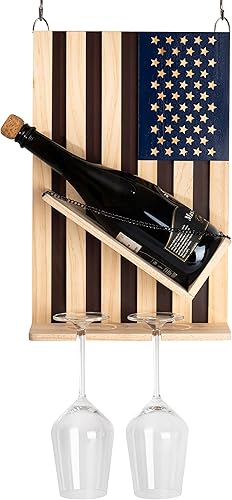 Miniatura 5 de The Wine Savant Estante para vinos montado en la pared con la bandera estadounidense, hermoso soporte para botellas y vino y 2 vasos patrióticos