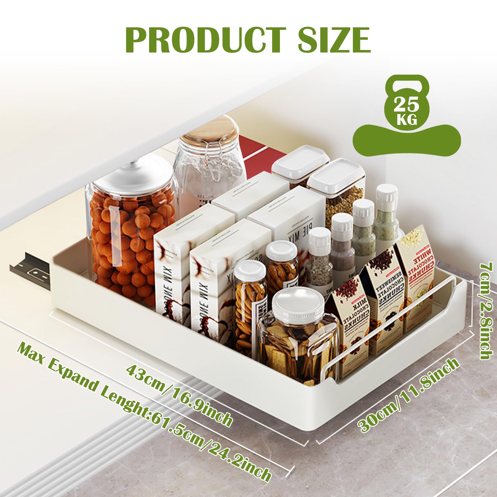PUWOWYE Cassetto Estraibile per Cucina, Soggiorno, Casa (30 cm L x 43 cm P x 7 cm H), Non è Necessario Forare, Bianco