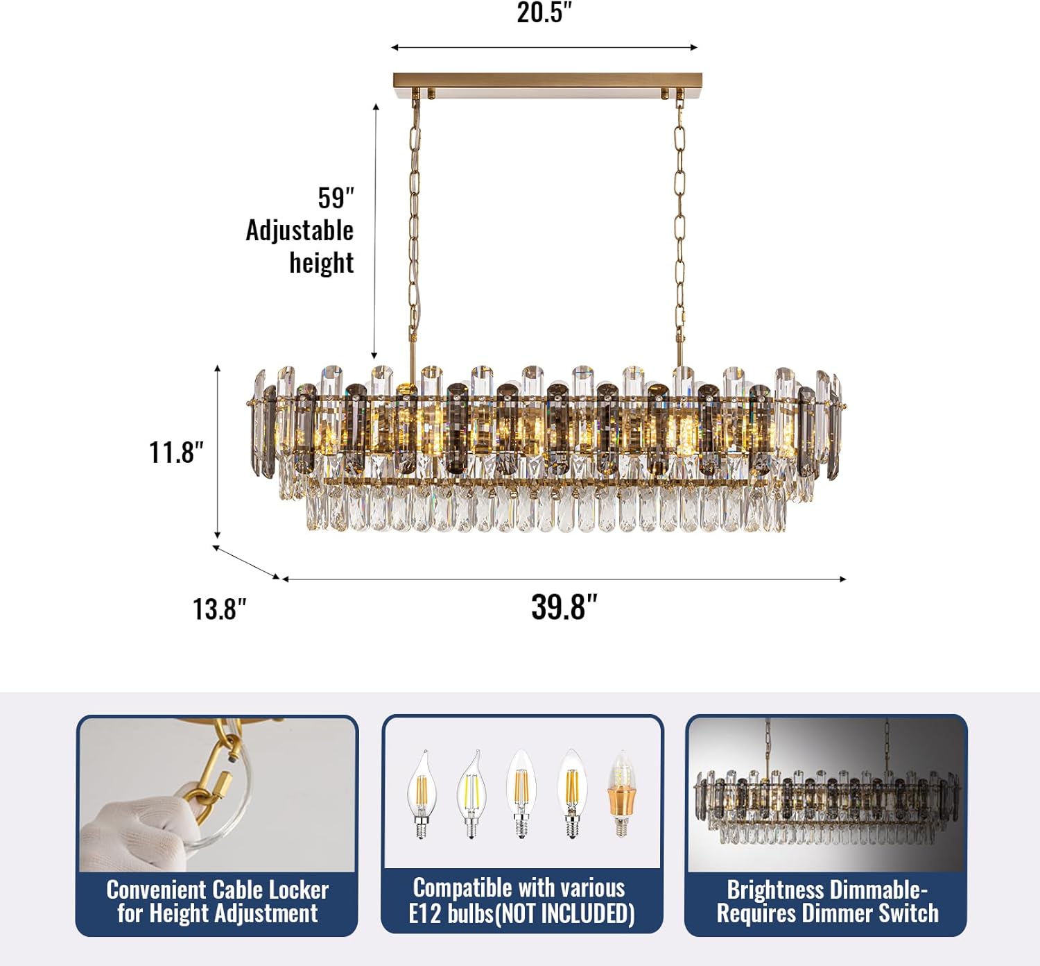 40" Rectangular Crystal Chandelier, 15-Light Smoke Grey K9 Crystals with Gold Frame, Adjustable Height Dining Room Light Over Table for Kitchen Island Living Room