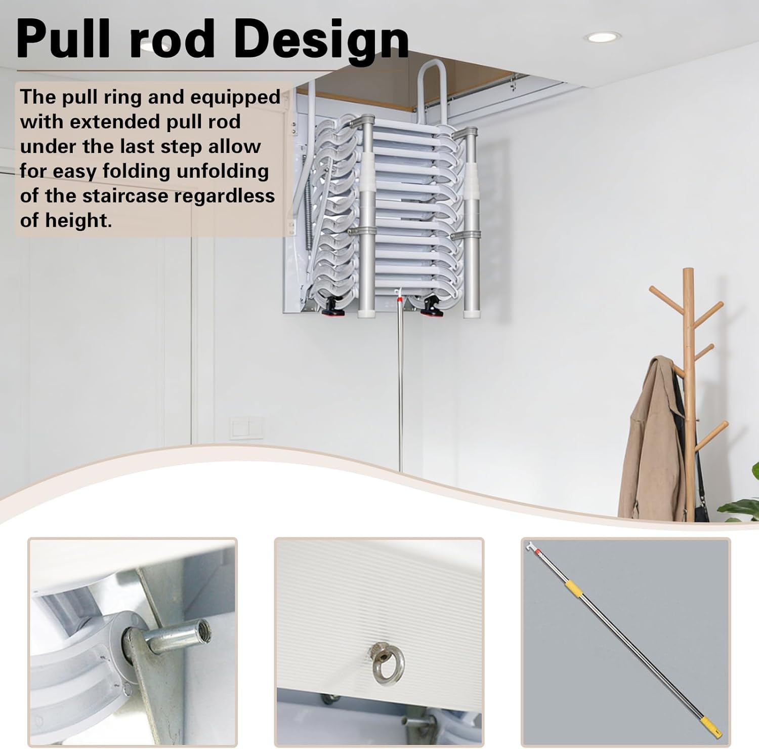 12 Steps Attic Stairs,Wall Mounted Folding Loft Ladder,Retractable Collapsible Stairs,Extension Steps Ladder with Armrests,Telescoping with Pulldown System (White, Step 12)