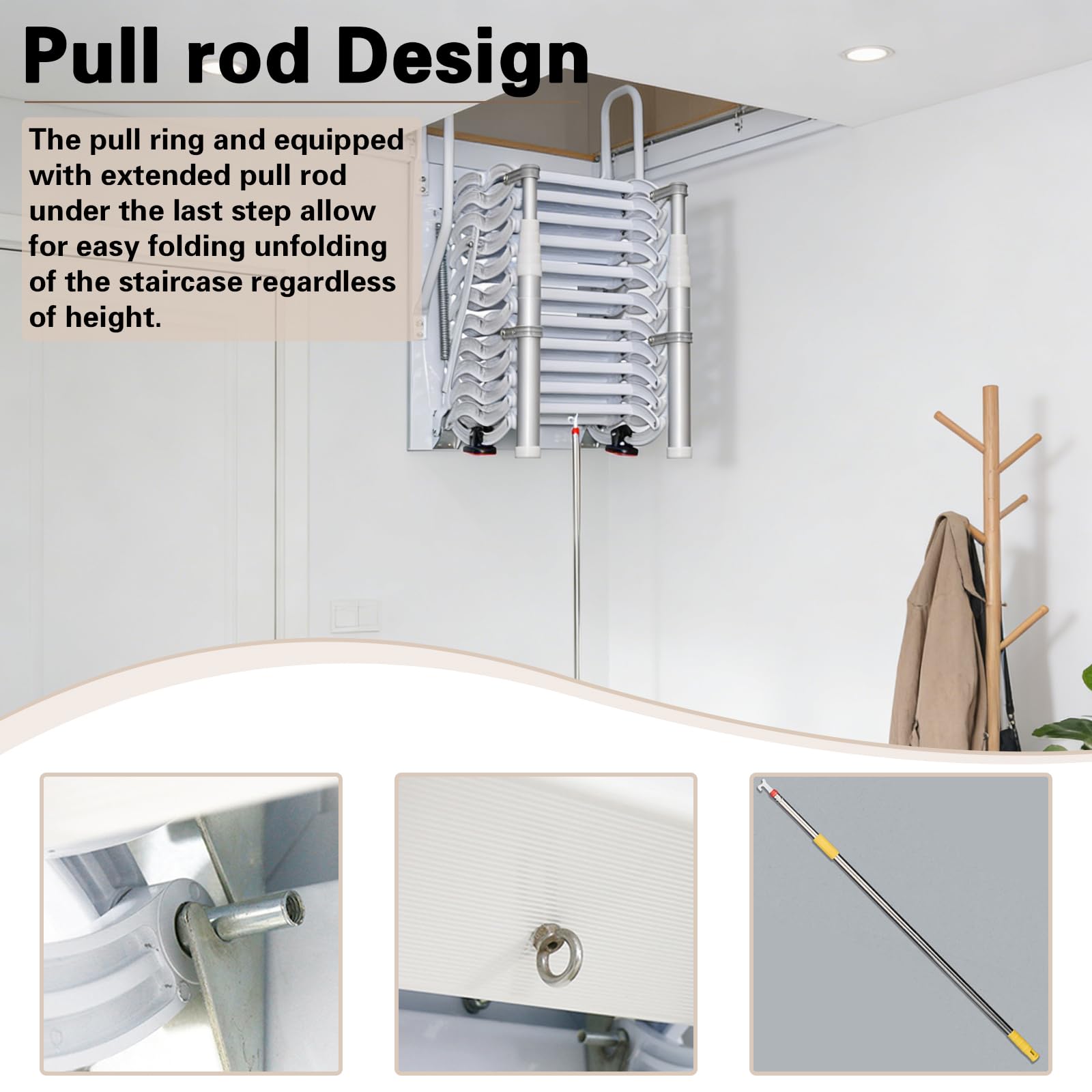 Escalera telescópica para ático montada en la Pared, Escaleras para ático desplegables con reposabrazos, Escaleras de ático de Pared abatibles, Exteriores (Blanco, A-12)