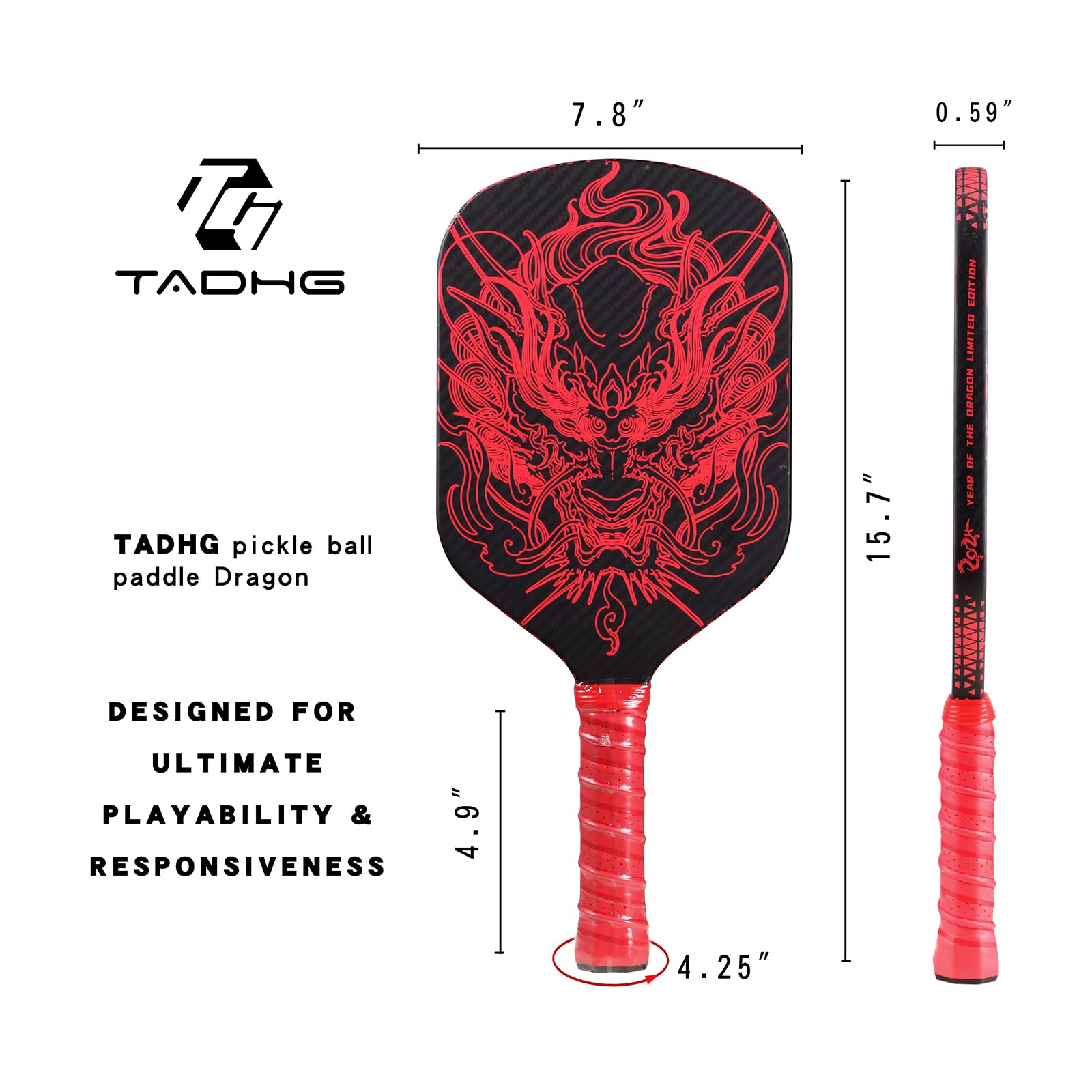 TADHG Red Dragon 3K Carbon Fiber Pro Pickleball Paddle Lightweight Edge-Free Paddle with T700 Core PP Honeycomb Spin-Optimized Face and Anti-Slip Grip Ideal for Intermediate to Advanced Players
