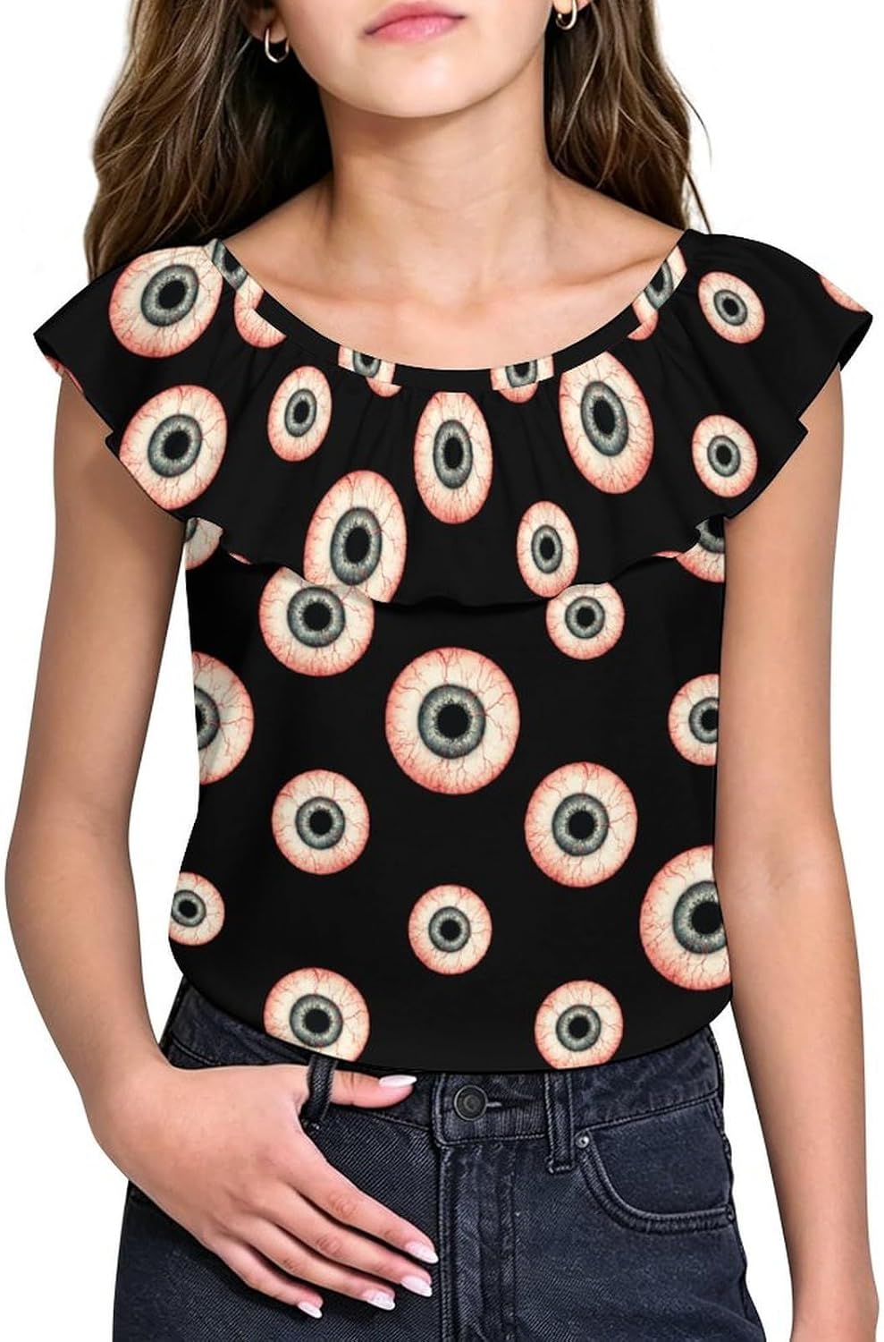 Red Eyeball Girls T-Shirts Top Ruffle Short Sleeve Blouse Casual Graphic Tees