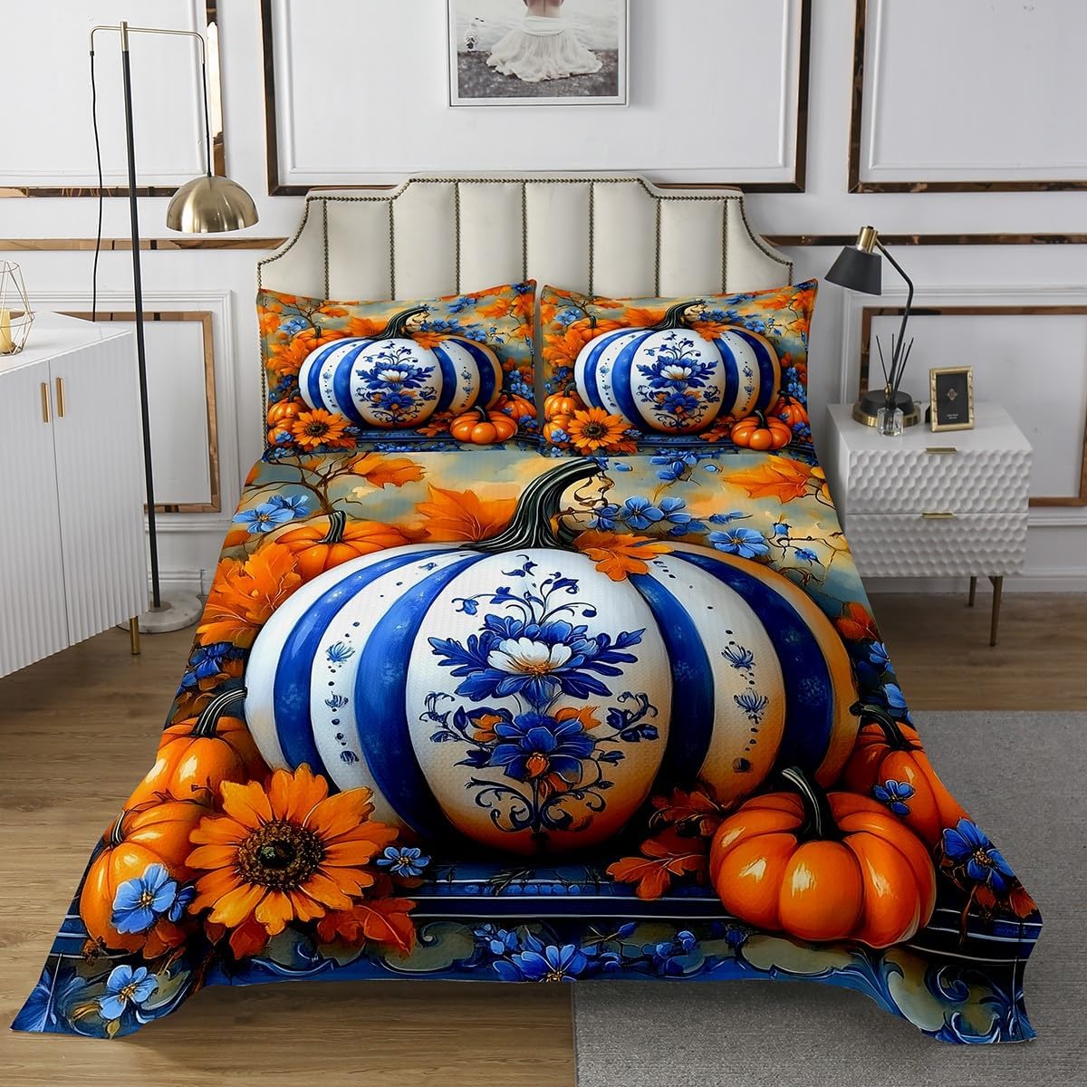 Erosebridal Autumn Harvest Bedspread Queen Fall Pumpkin Flower Quilt Set Happy Thanksgiving Day Coverlet Set for Kids Adults,Farm Maple Leaf Sunflower Bedding Quilted