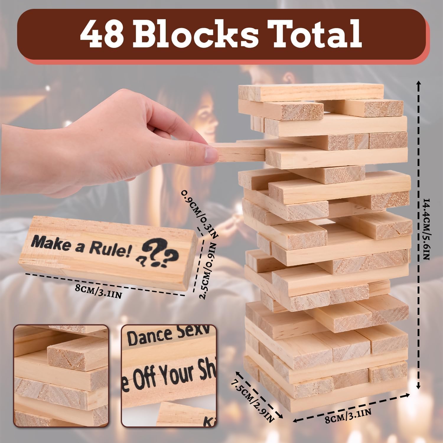 Xinrongda Lust Tower Couples Game, 48-Piece Valentine Tumbling Tower Stacking Blocks, Wooden Block Game Gifts for Adults Night Party - Image 2