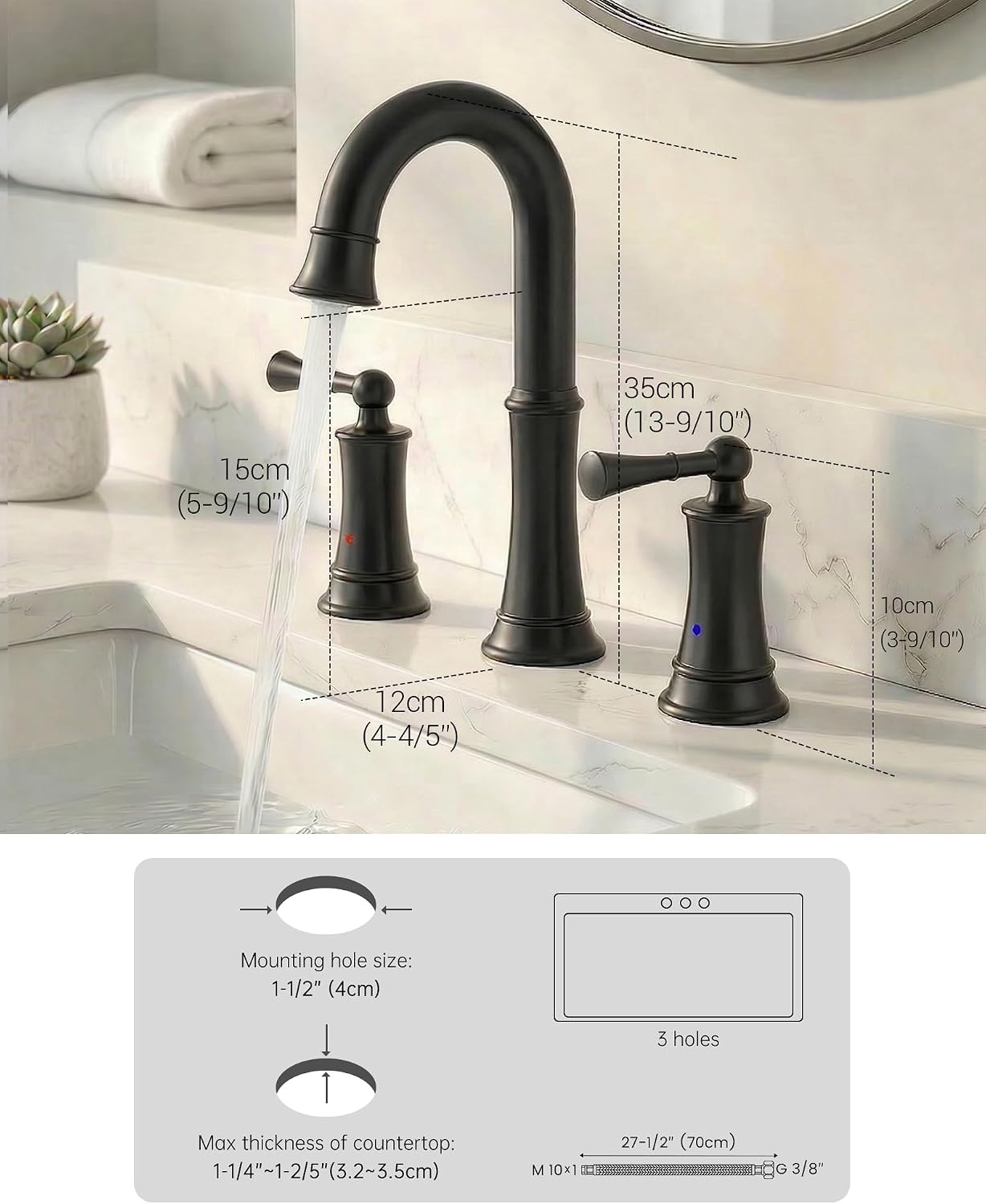 APPASO 3 Hole Bathroom Faucet Black, 2-Handle with Pop Up Drain Assembly, 3-Hole Widespread Modern Vanity Faucet with Separate Handles for Bathroom Laundry Lavatory Vessel, Matte Black