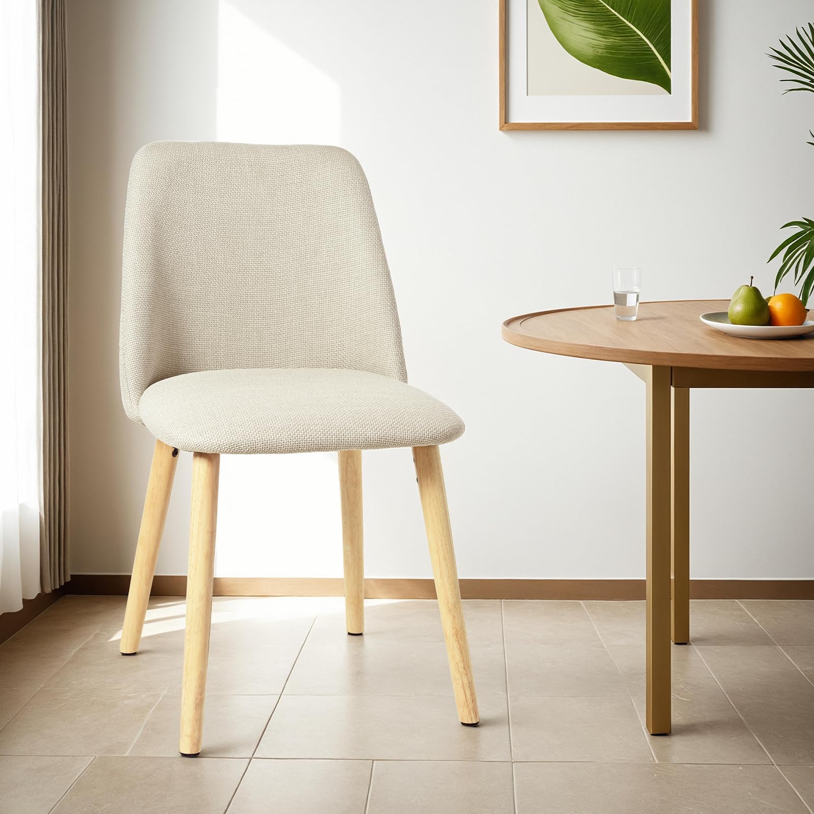 Lot de 4 Chaises de Salle à Manger Beige avec Pieds en Bois, Chaise Cuisine Rembourrée en Lin, Chaise Fauteuil pour Salle à Manger Salon Cuisine Bureau