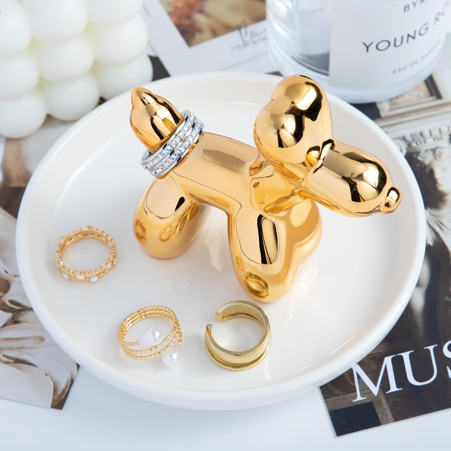 OSOPOLA Ceramic Golden Dog Jewelry Tray Ring Holder Dish Key Tray