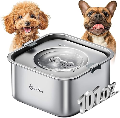 DownyPaws Tazón de agua antiderrames para perros, tapón babero de acero inoxidable de 101 oz/3 L, sin goteo para beber lentamente, dispensador de
