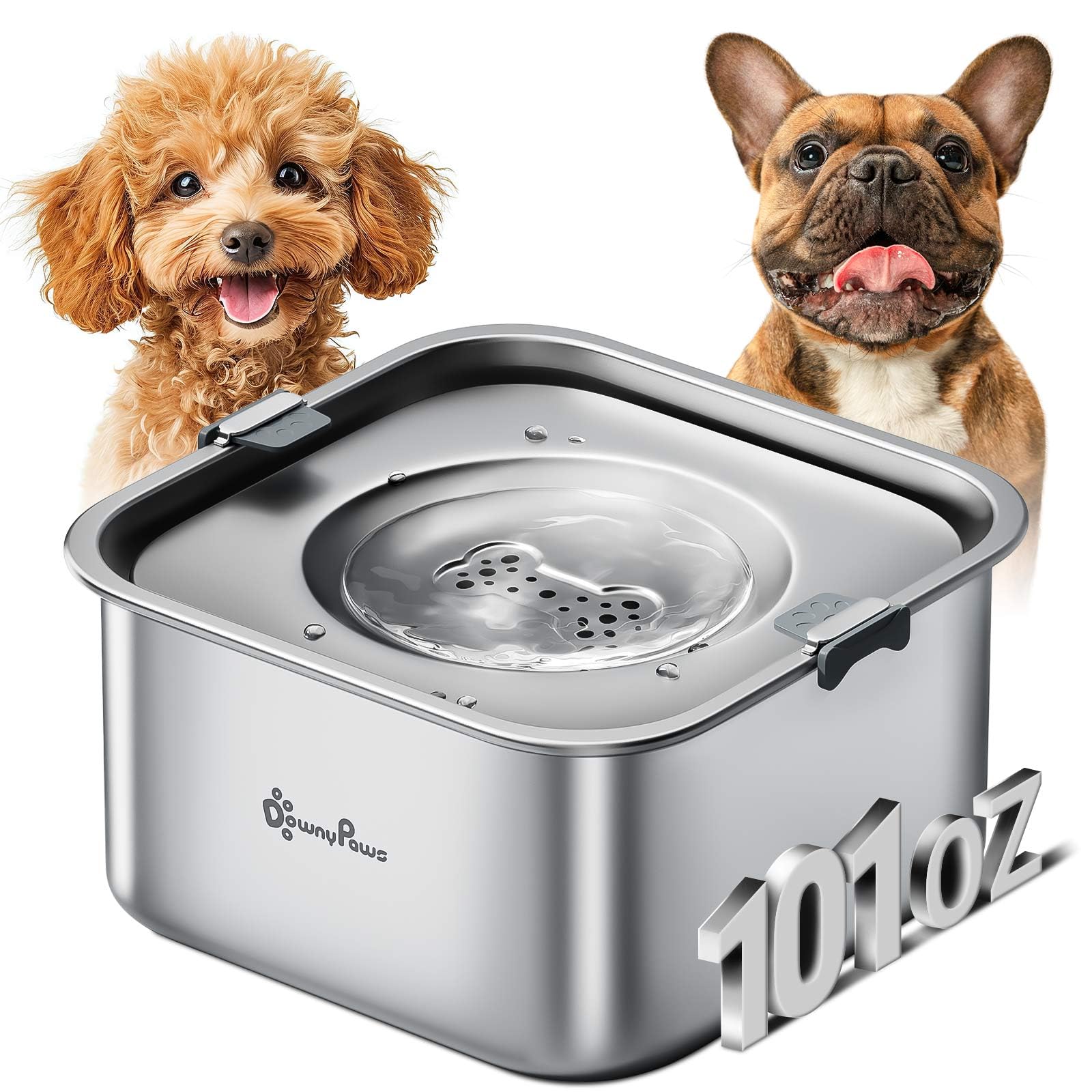 DownyPaws No Spill Water Bowl for Dogs,101oz/3L Stainless Steel Slobber Stopper, No Drip Slow Drinking Dog Water Bowl, No Mess Dog Water Dispenser