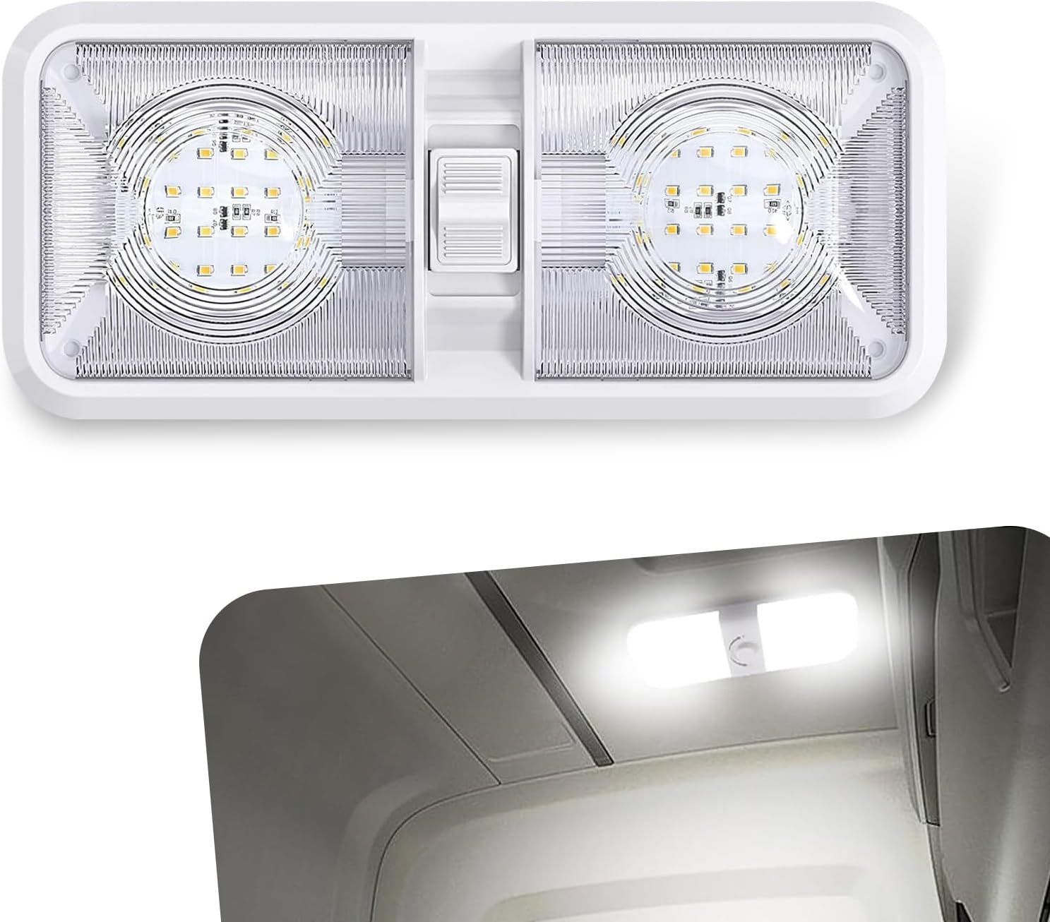 1 PC 12V Led RV Ceiling Dome Light, 11.2" x 5" 48 LED High Brightness Anti-glare Waterproof Housing Light with Independent Switch, Universal for Cars Interior Lighting Bulb (White)