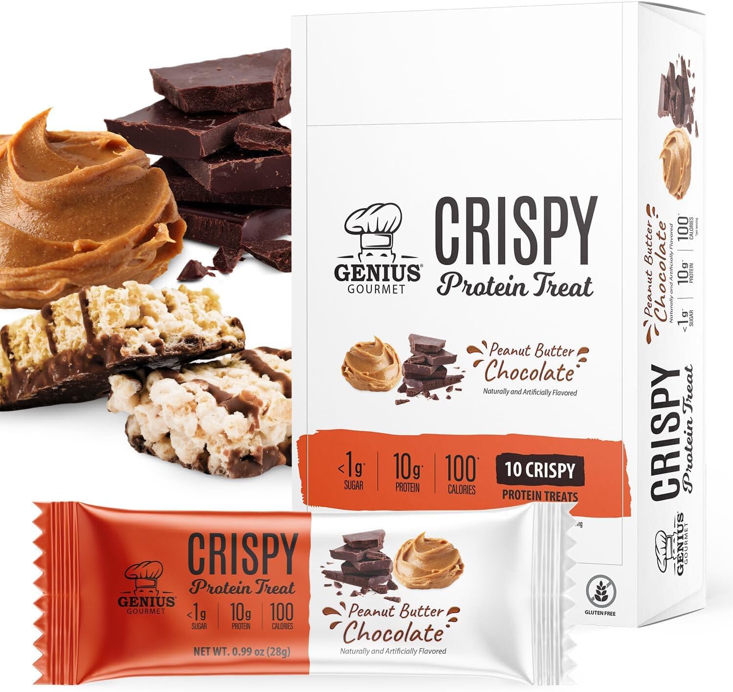 Crispy Protein Treat, Chocolate Peanut Butter, Keto Snack, Low Carb, Low Sugar & Gluten Free, Protein Snacks for Adults, 10G of Whey Protein per Protein Bar, 5 Net Carbs, 10 CT