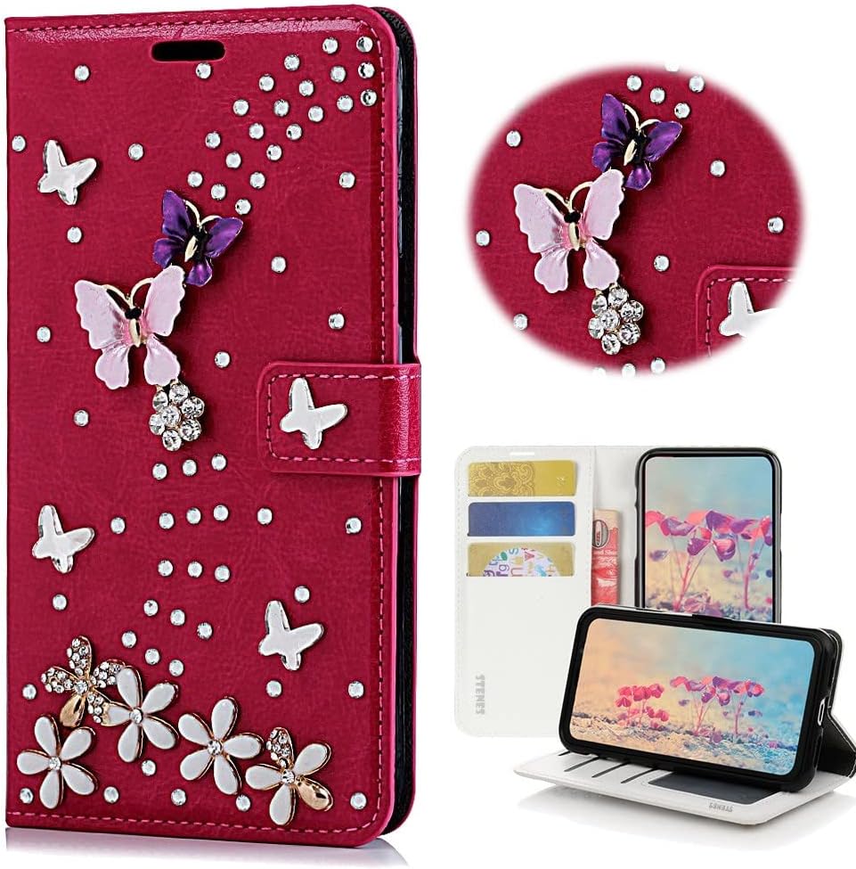 STENES Bling Wallet Phone Case Compatible with iPhone Xs Max - Stylish - 3D Handmade Crown Heart Design Leather Cover with Screen Protector & Neck Strap Lanyard - Red