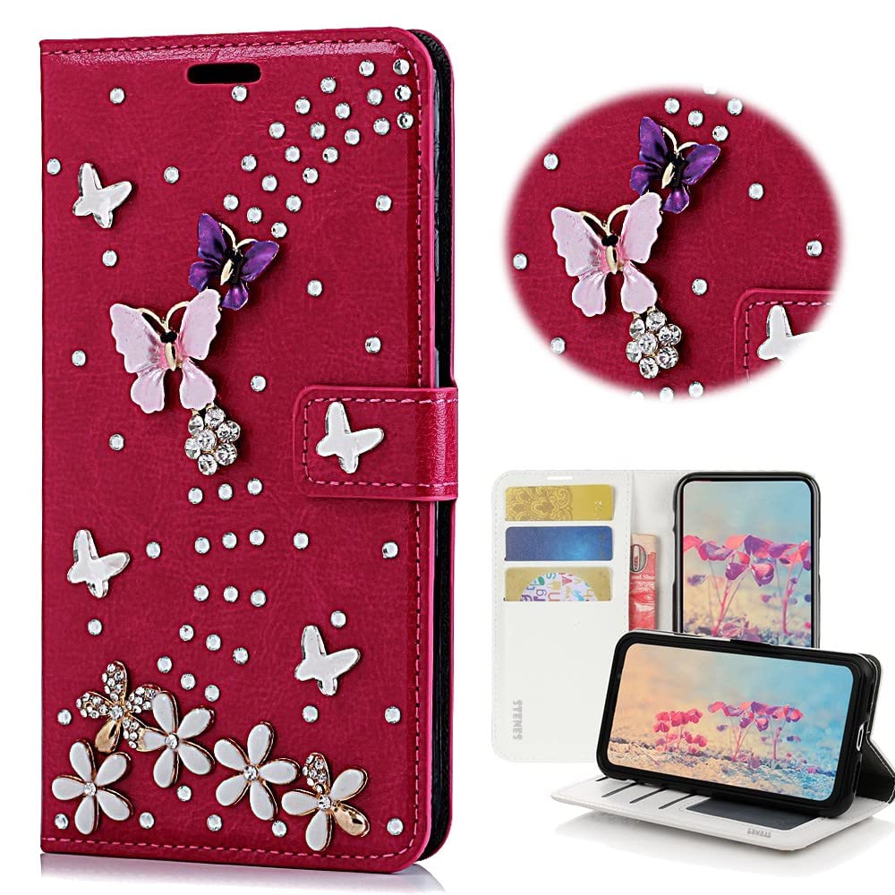 STENES Bling Wallet Phone Case Compatible with Samsung Galaxy A21s Case - Stylish - 3D Handmade S-Link Butterfly Floral Design Magnetic Wallet Stand Leather Cover Case - Red