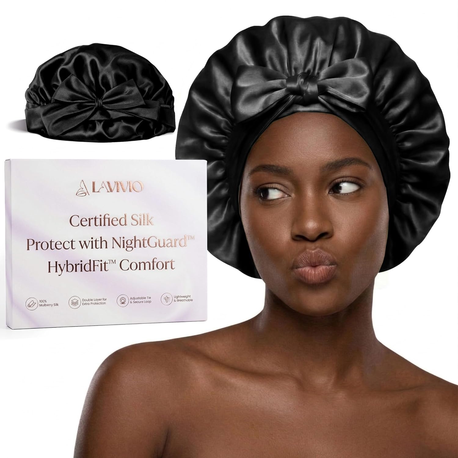 100% Mulberry Silk Bonnet – Double-Layered 22 Momme Silk Hair Wrap – Adjustable Non-Slip Tie – Helps Maintain Hair Smoothness & Manageability – Fits All Hair Types – Gift Boxed (Black)