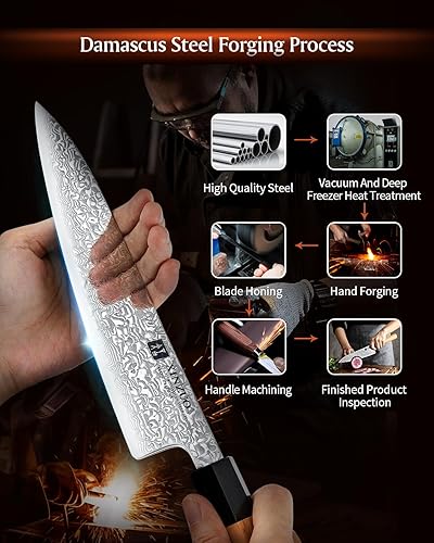 Miniatura 9 de XINZUO Cuchillo de chef de 8.5 pulgadas, 67 capas de acero de damasco forjado a mano, cuchillo de chef japonés para chefs y cocina casera, ultra