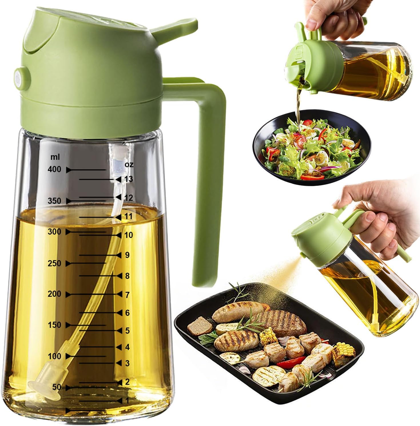TrendPlain 16oz Glass Olive Oil Sprayer Green - 2-in-1 Spray & Pour Dispenser for Cooking, Air Fryer, Salads, BBQ | BPA-Free Kitchen Gadget