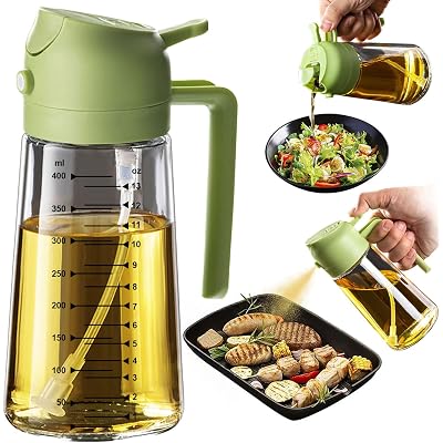 TrendPlain 16oz/470ml Glass Olive Oil Sprayer for Cooking – 2 in 1 Olive Oil Dispenser Bottle for Kitchen Gadgets and Air Fryer Accessories, Salad, BBQ - Green