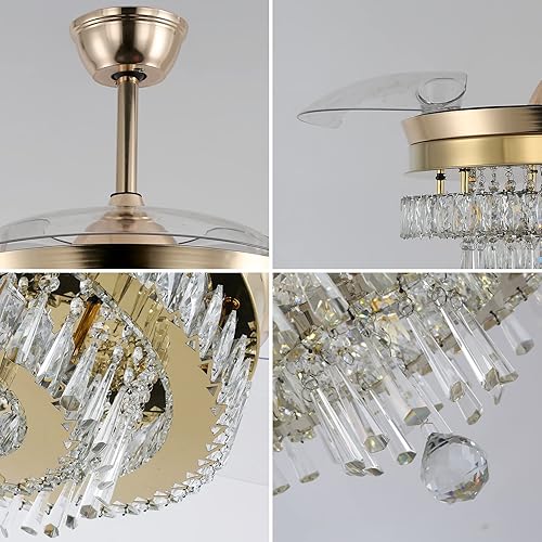 Miniatura 4 de Finktonglan Ventilador de techo de araña de cristal de 42 pulgadas con luz y control remoto, ventilador de techo retráctil invisible con luces,