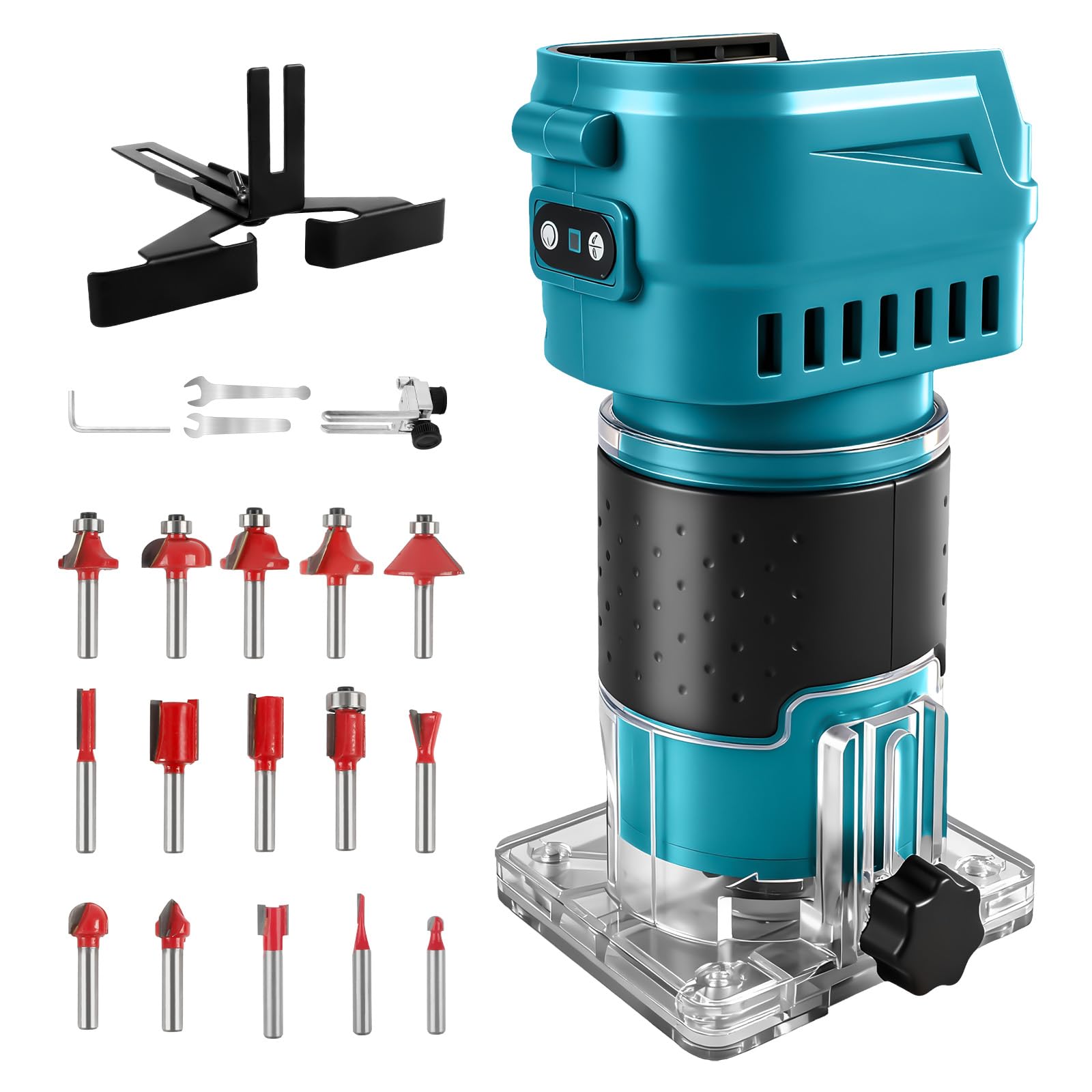 Fraiseuse sans fil compatible avec batterie Makita 18 V, 850 W, 30 000 tr/min, tailleuse de bois sans balais à 6 vitesses pour le travail du bois avec 15 pièces de fraises de 1/4" (sans batterie)
