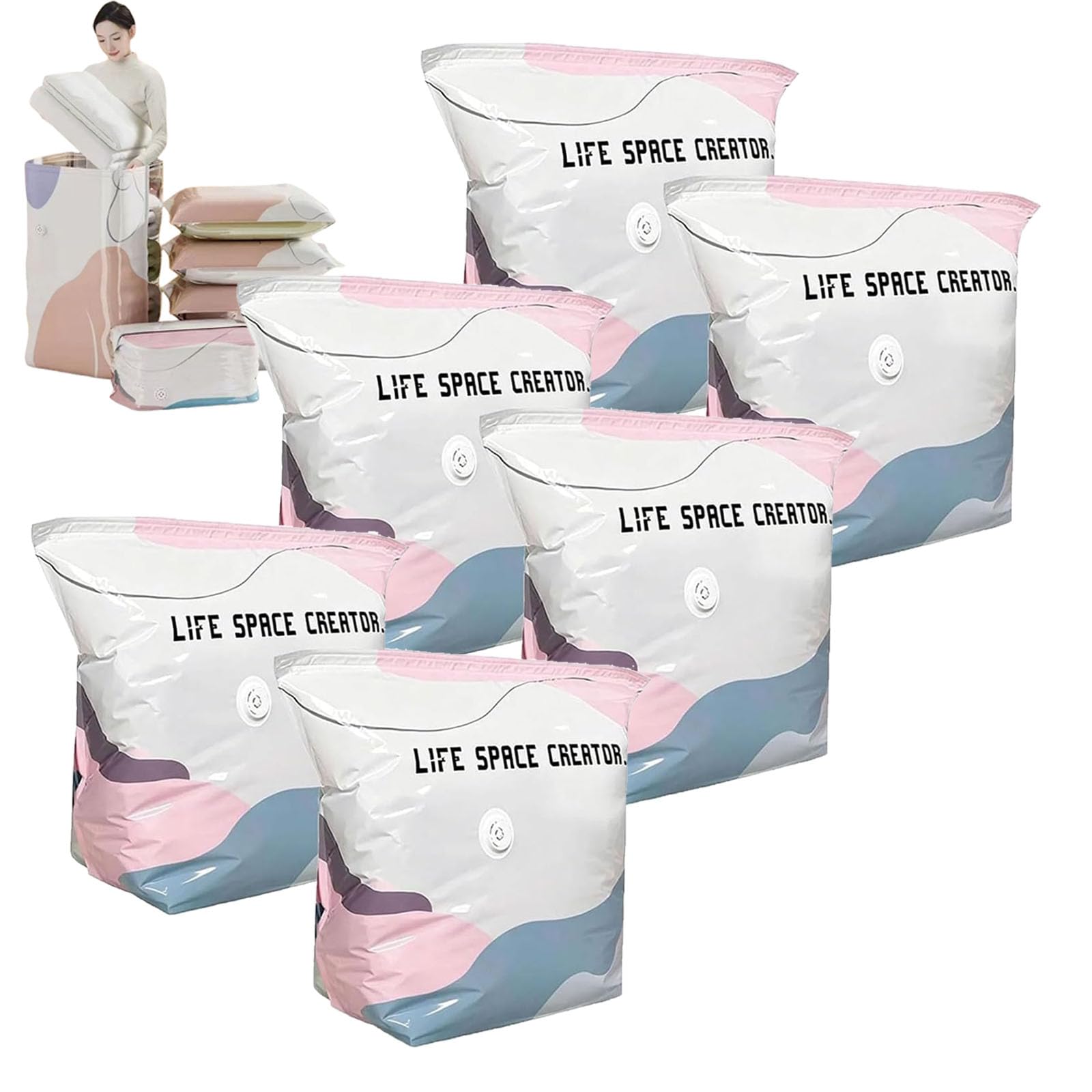 Life Space Creator Storage Bags, No Pump 3D Vacuum Storage Bags – Press & Seal, No Pump Needed, Extra Large Storage Bagsfor Clothes Blankets Bedding Comforters (M 3pcs+L 3pcs)