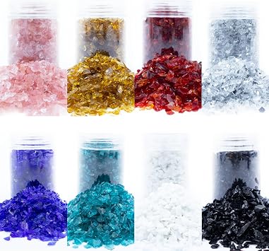 YINBEILIXU Crushed Glass Glitter Set of 8, Broken Glass Stones, Shattered Glass Gems Gravel for Resin Art Crafts,Nail Art, Vase Filler, Aquarium Decor, Jewelry Making, 3-6mm, 400g Multicolor-a