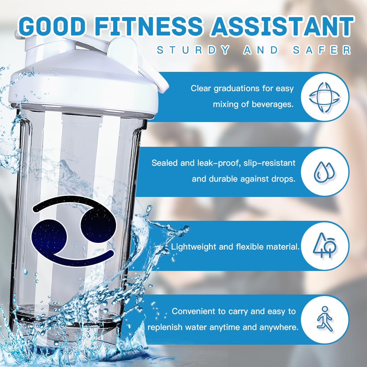 Cancer Zodiac 5 18 Ounce Shaker Bottle Drink Mixer Leak-proof Pre Workout Protein Shakes Meal Replacement Shakes Bottles 500ML/18 Oz White