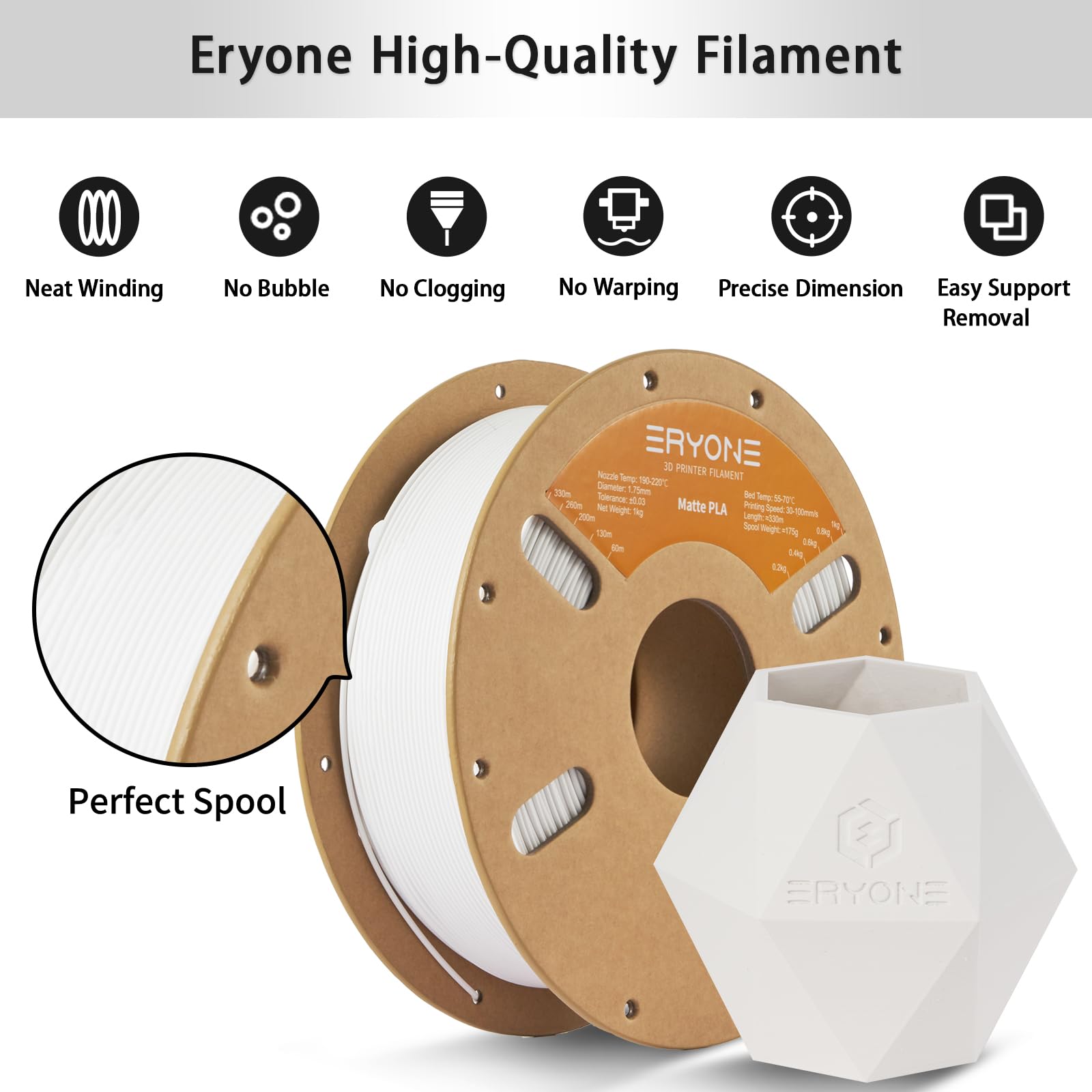 ERYONE Filamento per stampa 3D PLA effetto opaco, 1.75mm Tolleranza ±0.03, 1kg per rotolo, Bianco