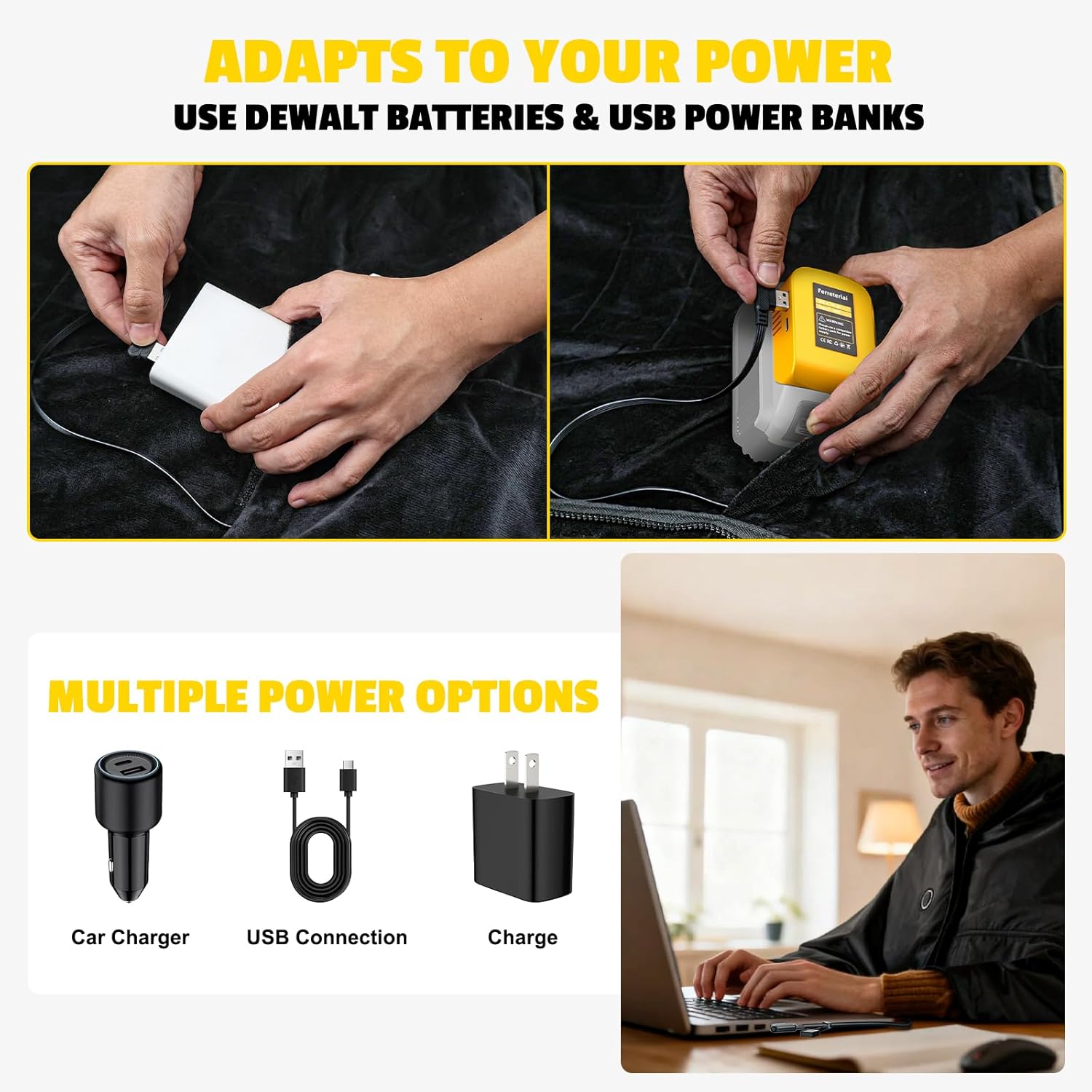Wearable USB & Cordless Electric Heated Blanket Throw Portable 145x90cm with Adapter Compatible with Dewalt Battery 3-Temp Heating Pad Waterproof Shell（NO Battery）