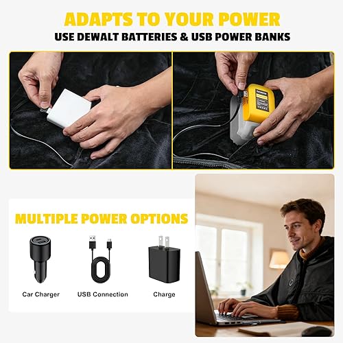Miniatura 6 de Manta térmica eléctrica portátil con USB e inalámbrica, 57.1 x 35.4 in con adaptador compatible con batería Dewalt, almohadilla térmica de 3