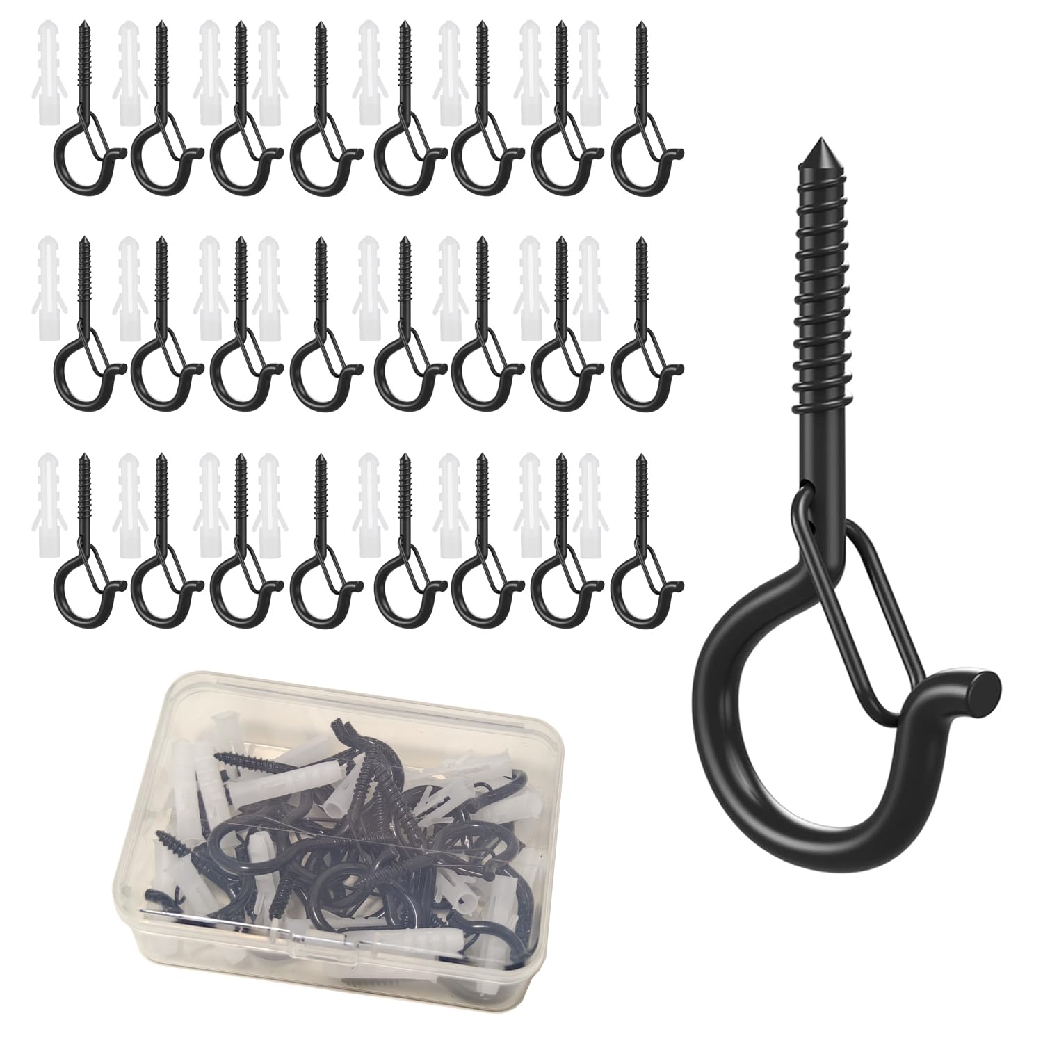Uni-Fine 24Pcs Screw Hooks for Festival Light, Strong and Rustproof Eye Hooks Screw, Q Hanger Screw Hooks, Wall Cabinet Ceiling with Safety Buckles Used for Plants, Festival Lights,Bird Feeder, Key