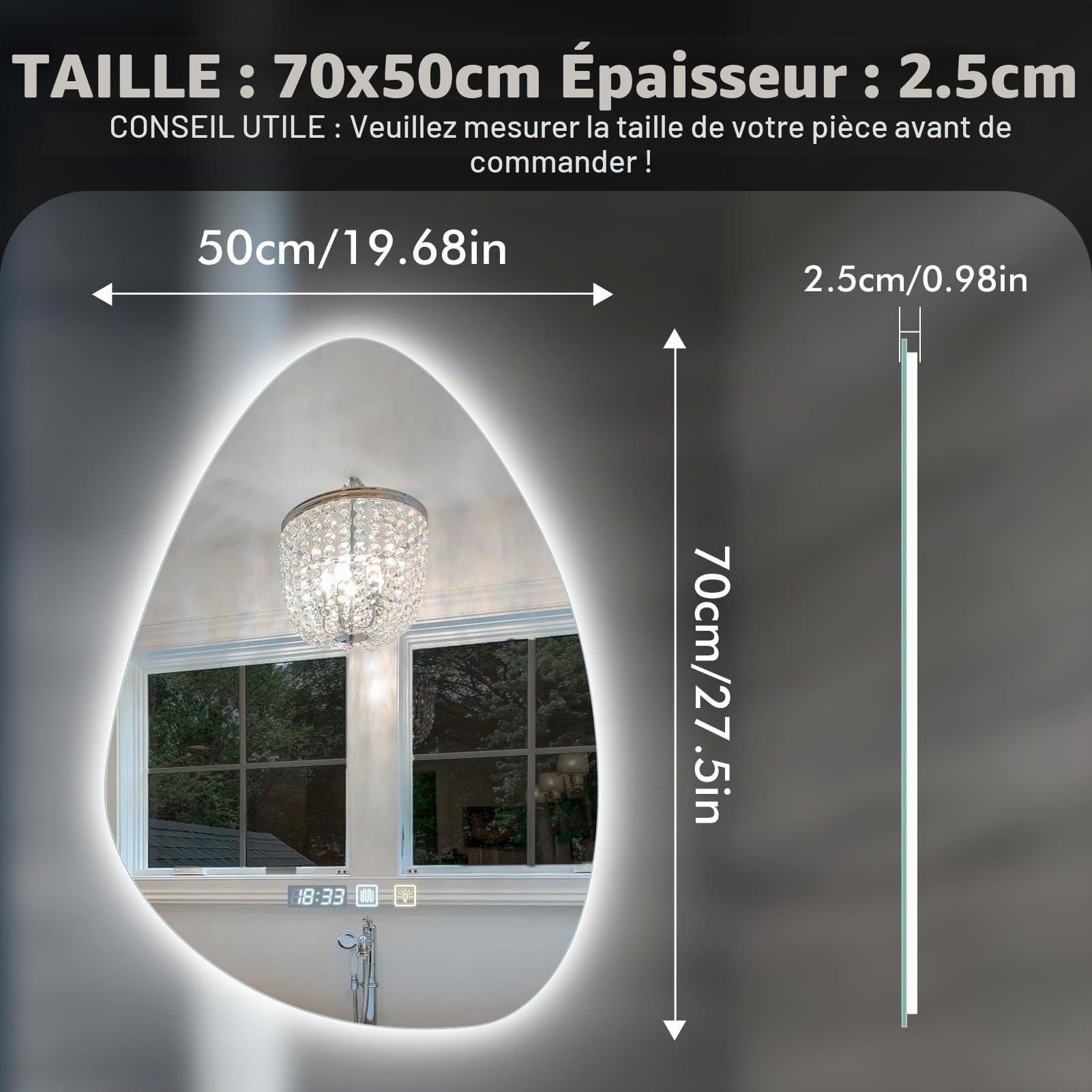 papasbox Specchio da bagno con illuminazione dimmerabile (3000K, 4000K, 6500K) con interruttore touch, antiappannamento, impermeabile IP44, a forma di goccia, 500 x 700 mm
