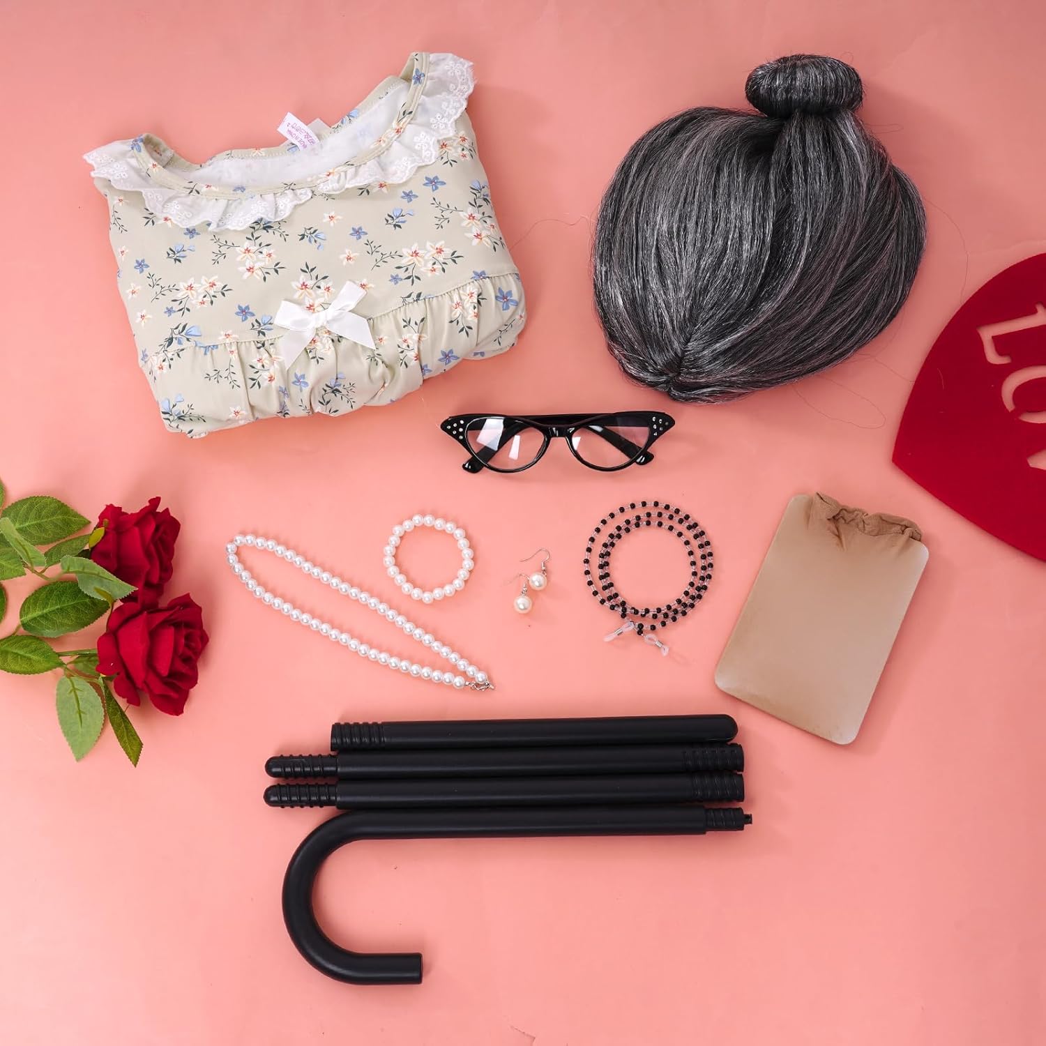 100 Days of School Costume Old Lady Costume School 100th Activity Suit Grandma Wig Granny Glasses Chain Necklace Dress - Image 7