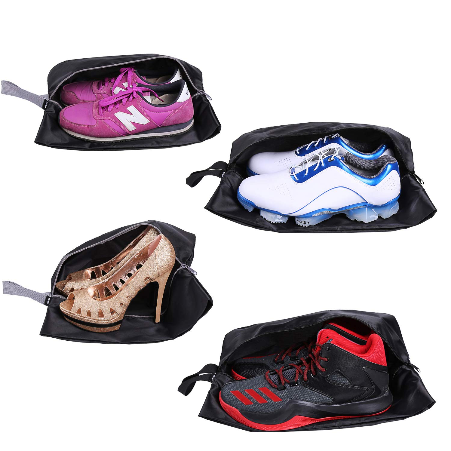 YAMIU Travel Shoe Bags Set of 4 Waterproof Nylon with Zipper for Men Women Black