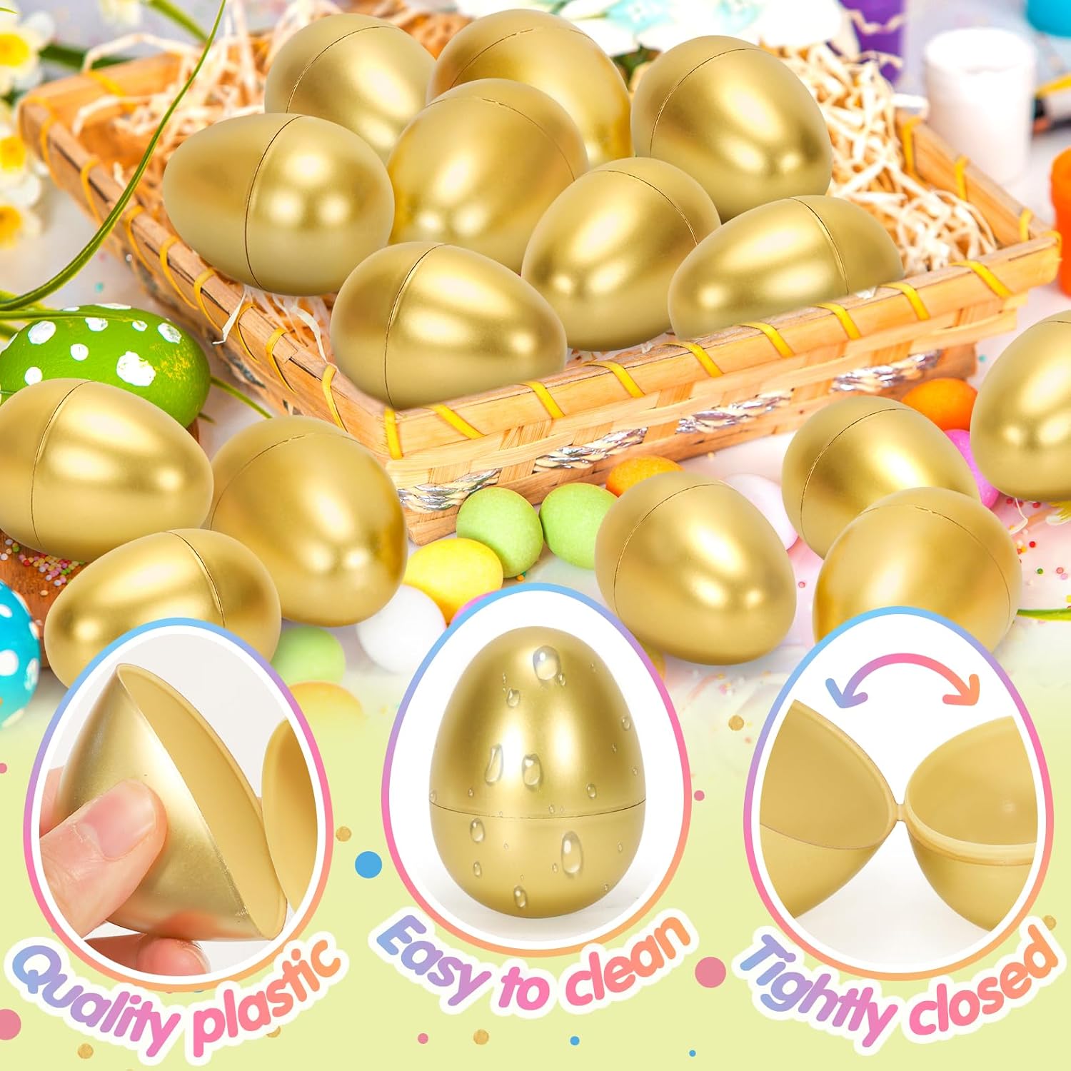 SevenQ Plastic Easter Eggs Empty 2.3” 50Pcs, Fillable Golden Egg for Easter Basket Stuffers Gifts for Kids Party Favors Pinata Goodie Bags Treasure Box Toys Fillers Easter Egg Hunt Games Decorations