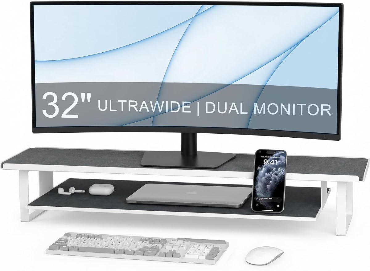 Dual Monitor Stand Riser, 31.5 Inch | Extra Wide Thick Heavy Duty Carbon Steel Desktop Organizer with Pull Out Layered Shelf,for Home Office Gaming Curved Monitors