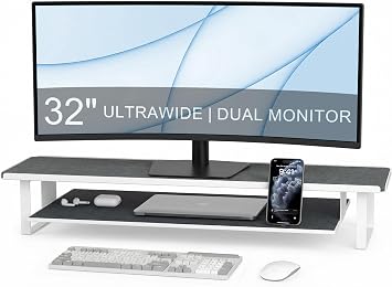 Dual Monitor Stand Riser, 31.5 Inch Extra Wide Thick Heavy Duty Carbon Steel 2 Tier Desktop Organizer with Pull Out Layered Shelf,for Home Office Gaming Curved Monitors
