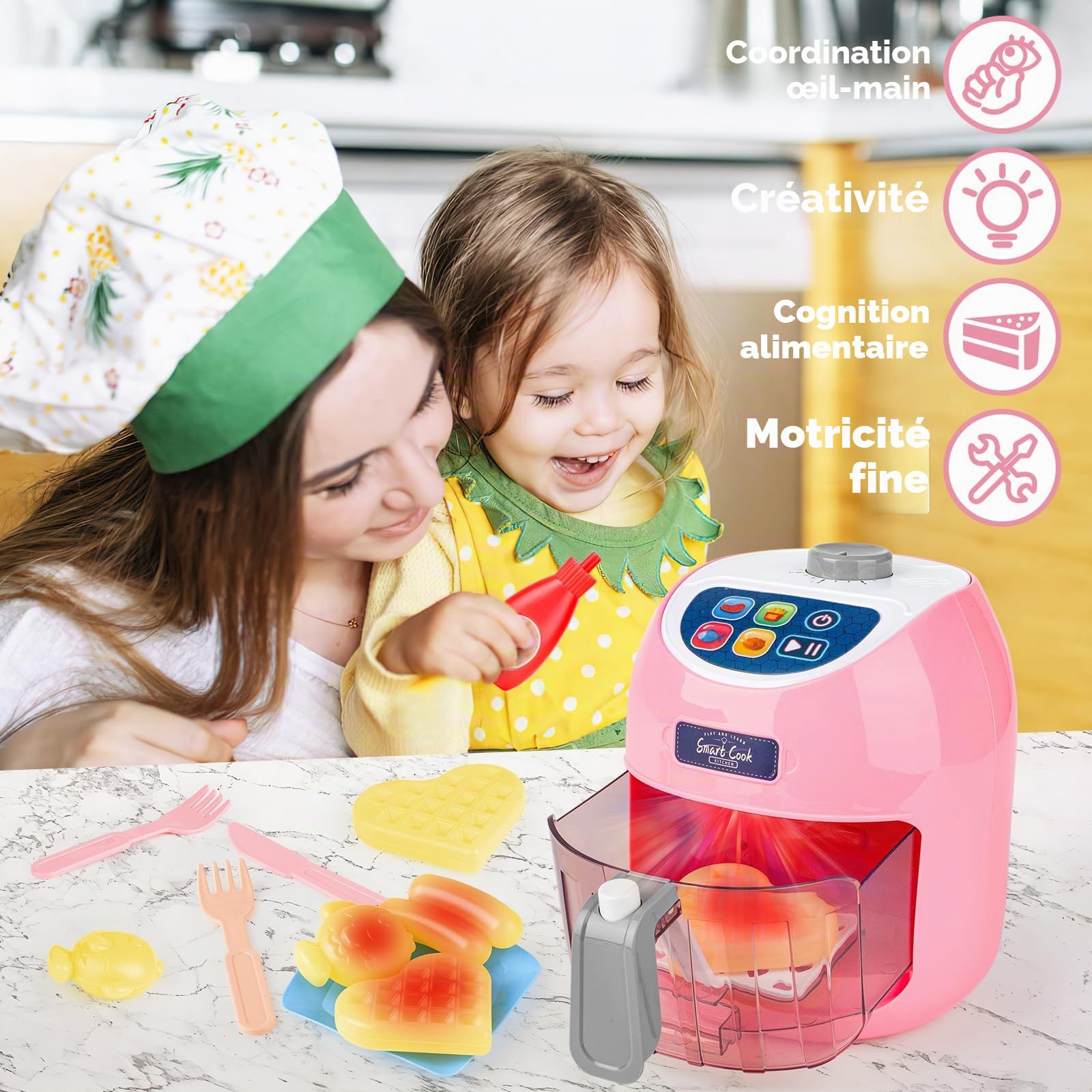 deAO Friteuse à Air Jouet, Ensemble de Cuisine avec Sons, Lumières (Rose) | Aliments Changeant de Couleur, Matériaux Sûrs, sans Bords Tranchants, pour Garçons et Filles, Cadeau Enfant