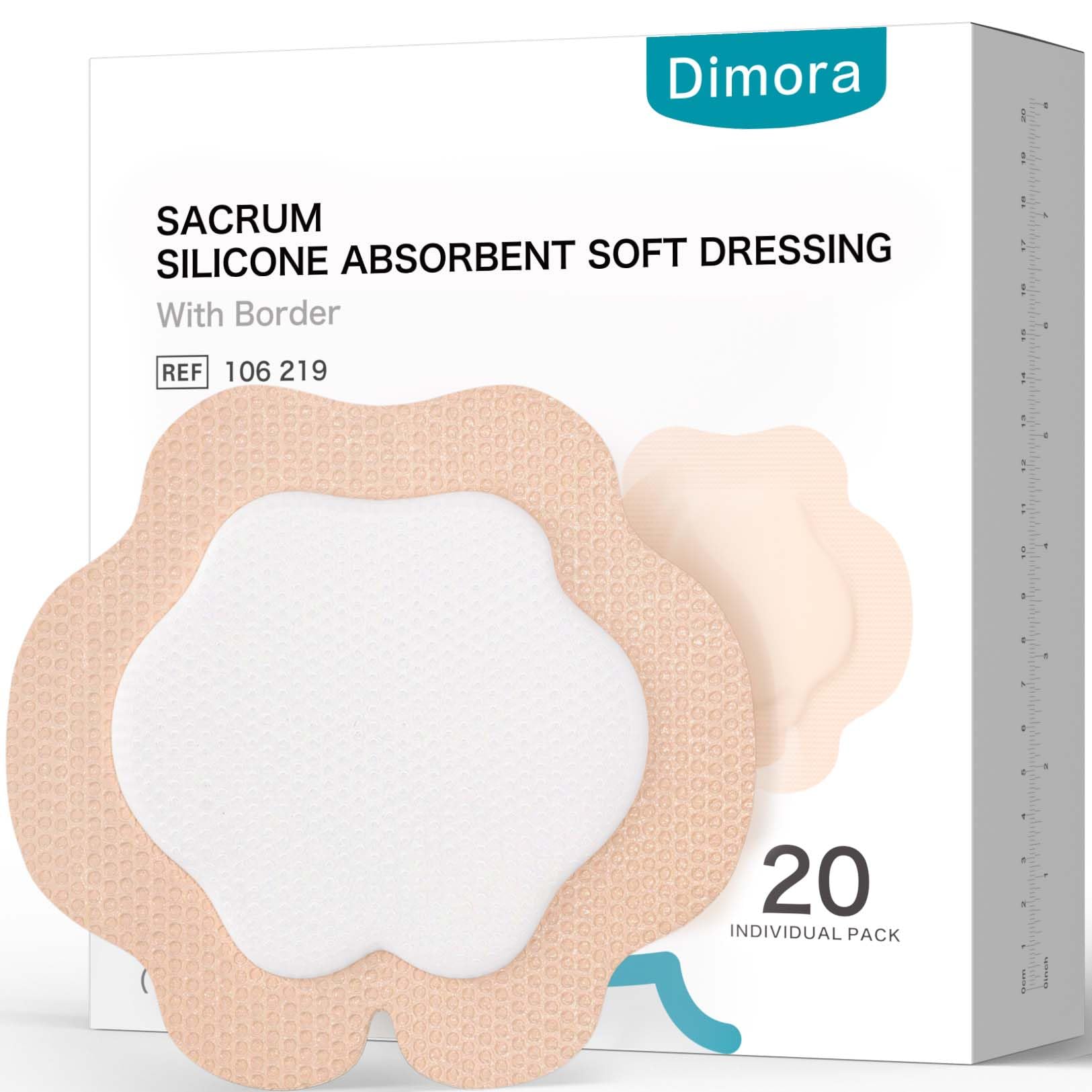 Dimora 20 Count Sacral Silicone Absorbent Dressing 7" x 7" - Sacrum Bandage with Border for Pressure Ulcers Post Surgical Wounds, Soft Adhesive Wound Pad for Moderate to Heavy Exudate