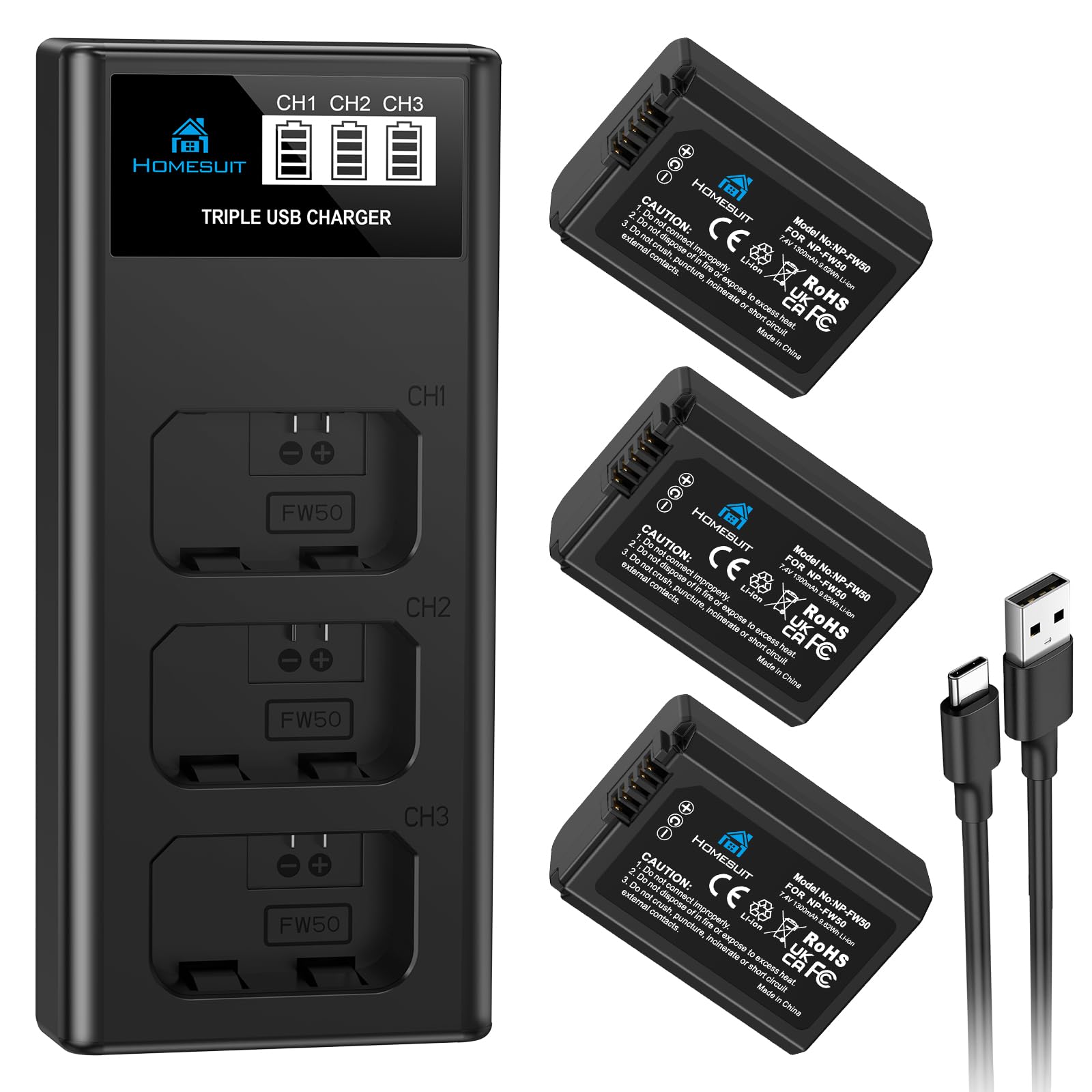 Homesuit NP-FW50 Akku 1300mAh & LCD Ladegerät Kit für Sony Alpha A6000 A6300 A6400 A6500 ZV-E10 7RM2 A7SM2 A7M2 A7II A7RII A7SII A55 A5000 A5100 A3000 RX10 II III IV NEX-3/5/6/7 NEX-F3 (3er-Pack)