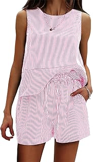 Womens Summer 2 Piece Outfits Shorts Set Sleeveless Crop Top Tank Striped Airport Travel Sets Beach Vacation Clothes
