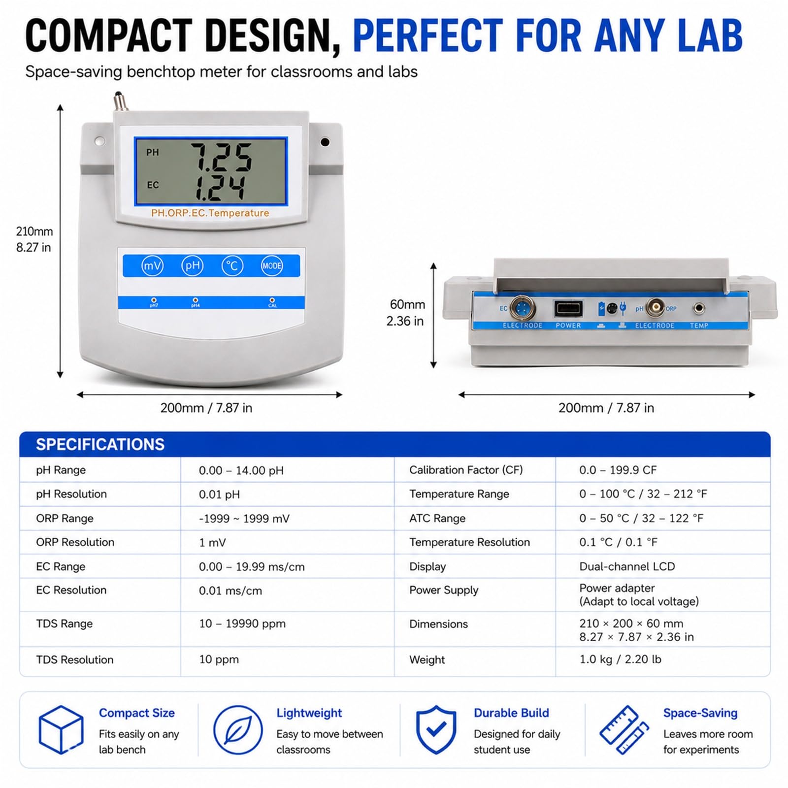 Monitor Calidad Agua 6 En 1 para Stem – Medidor Digital De Mesa pH TDS EC CF ORP Temp, Analizador Multiparámetro Lab con ATC para Aula Ciencias Y Laboratorio Escolar