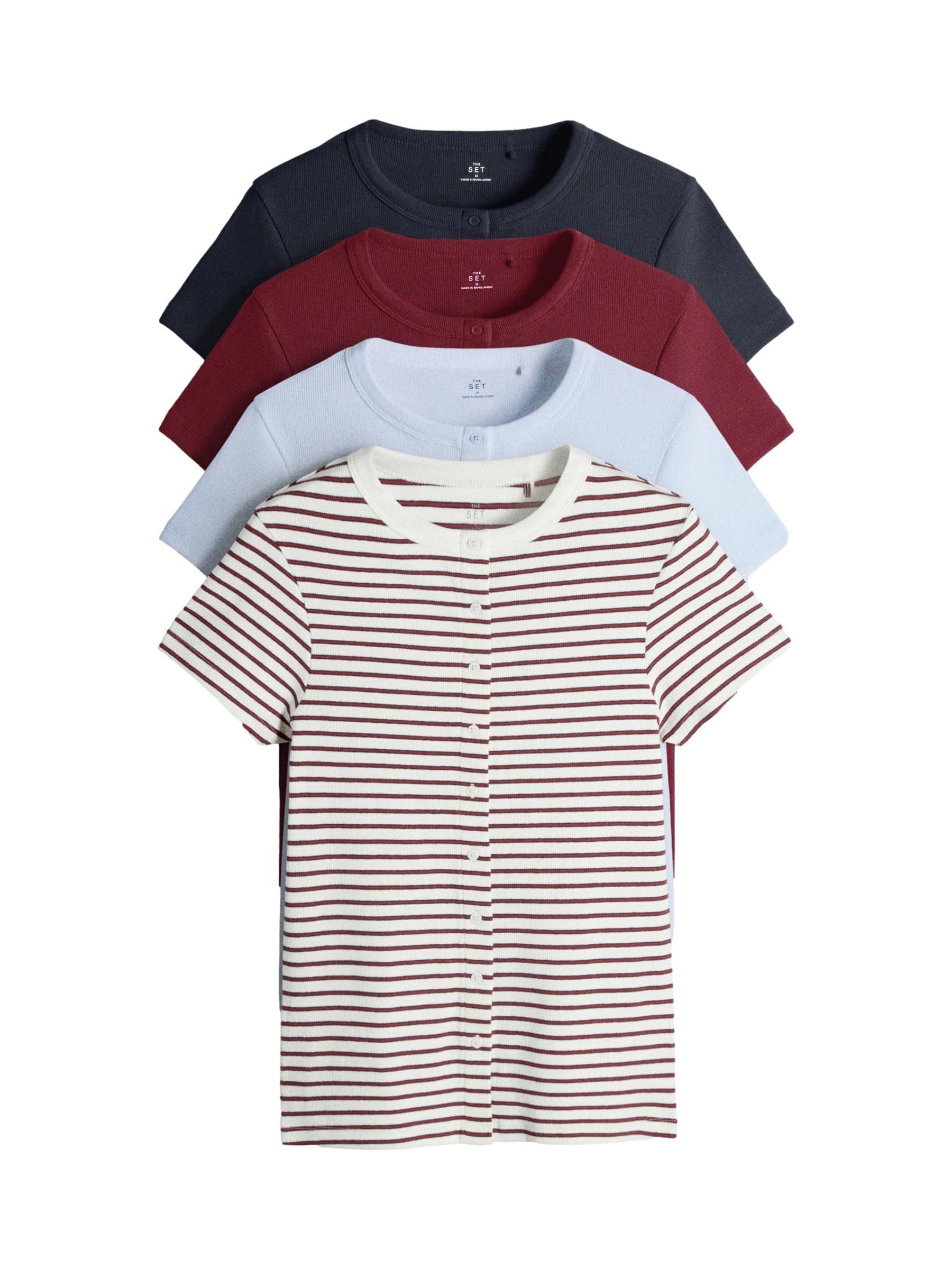 THE SET Damen Gerippte T-Shirts mit Durchgehender Knopfleiste, 4er-Pack